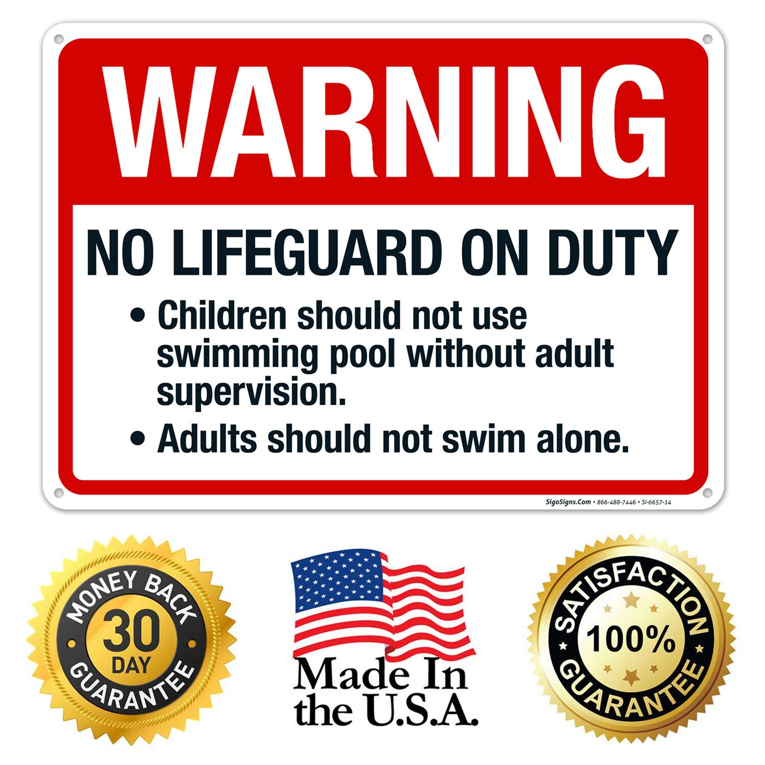No Lifeguard On Duty Sign - 10x14 Inches Rust-Free .040 Aluminum Pool Safety Sign, Fade Resistant for Indoor/Outdoor Use - Made in USA | Perfect for Swimming Pools, Water Parks & Backyard Safety
