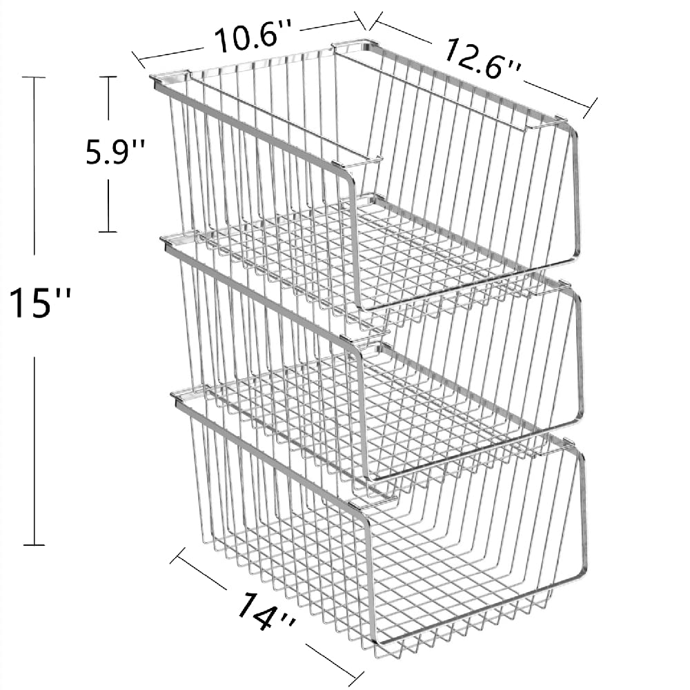 Stackable Metal Wire Storage Baskets with Handles - 3-Pack Refrigerator & Cabinet Organizer Bins for Kitchen, Bathroom, Closet Organization | Durable Space-Saving Home Storage Solution