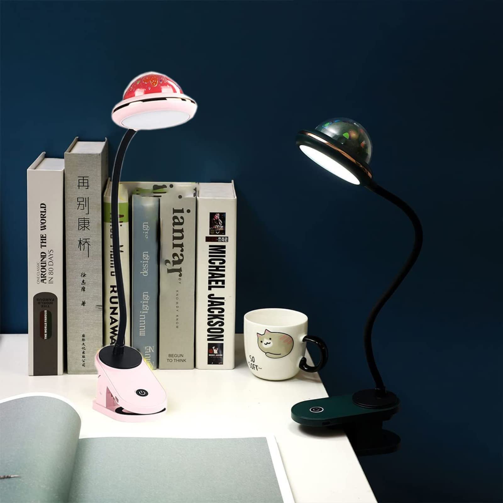 USB Rechargeable LED Folding Book Light - Dimmable 2W Reading Lamp with Mini Projector & Night Light, 6000K Cool White Touch Control for Bedroom, Living Room, Kids & Adults - Perfect for Reading in Bed, Studying, Camping & Travel (Pink) JBZ