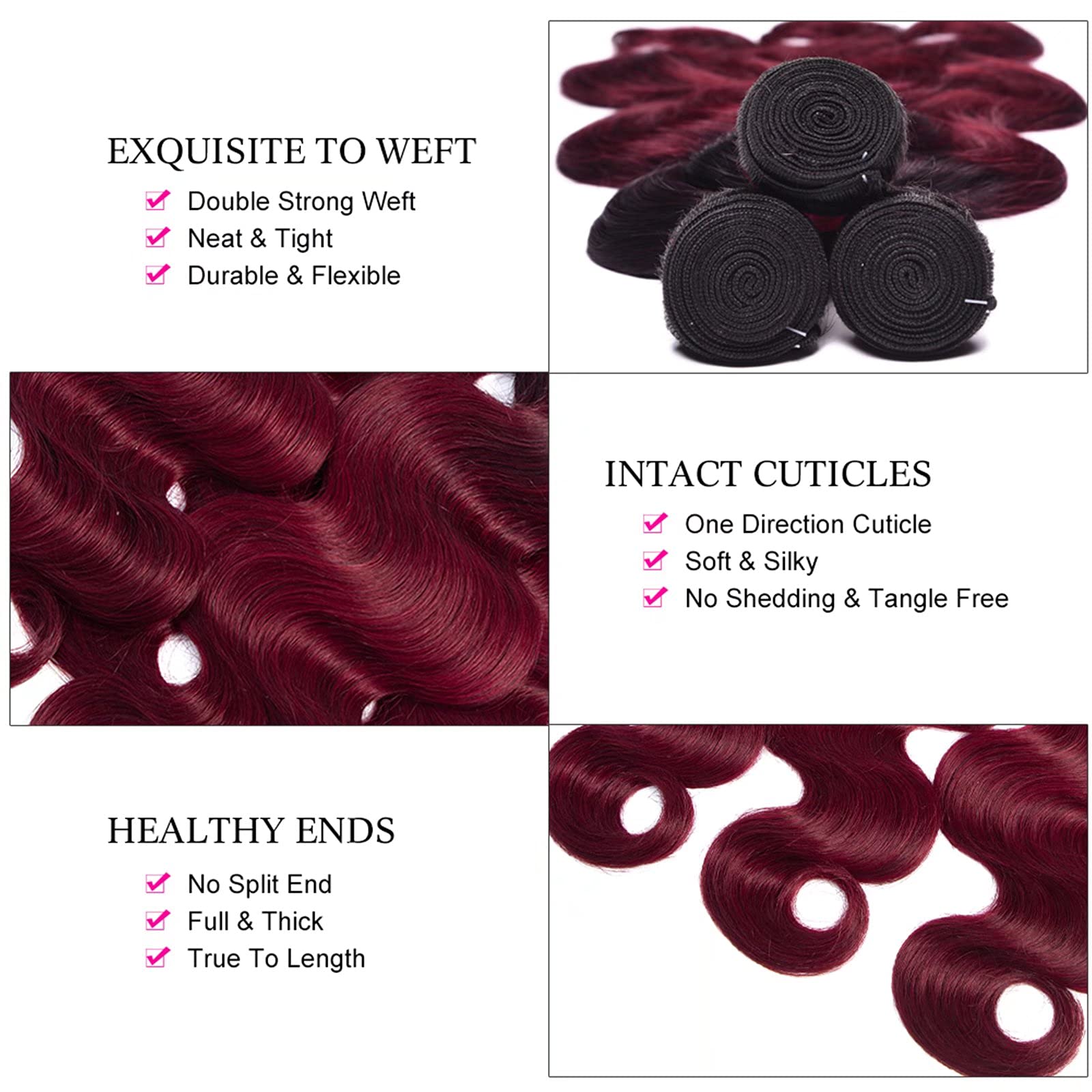 FEEL ME 1b99J 100% Brazilian Human Hair Bundles - 3Pcs Body Wave Ombre Weft Extensions (20 22 24 Inch) Black to Burgundy - Natural Soft & Tangle-Free Hair Extensions for Styling, Weaving & Salon Use
