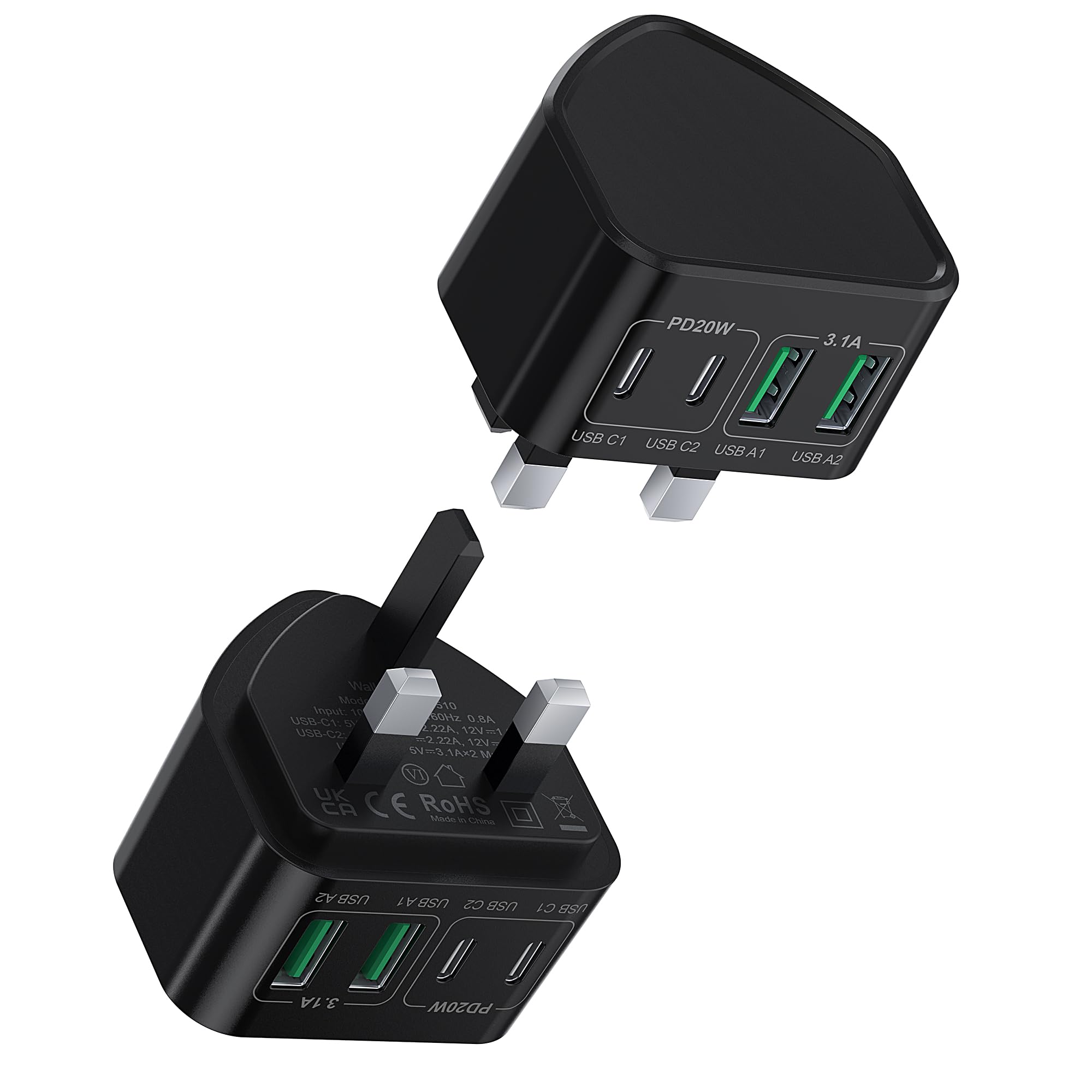 2-Pack 40W 4-Port USB C Fast Charger with PD & QC - Dual Port Wall Charger for iPhone 15/14/13/12/11 Pro Max/XR/XS/SE, iPad, AirPods, Samsung Galaxy - Perfect for Home, Office & Travel Charging