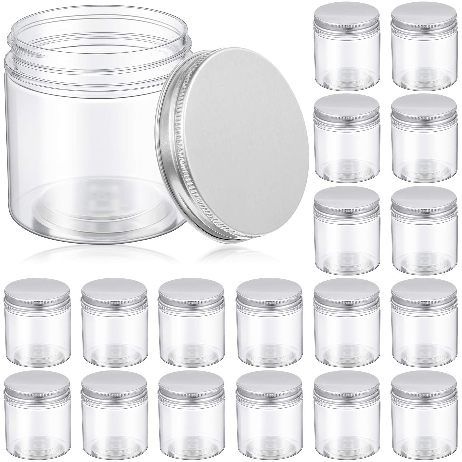 18-Piece Clear Plastic Jars with Silver Lids - 6.5x6.5x6.5cm Airtight Refillable Containers for Cosmetics, Food Storage, Spices & Kitchen Organization - Perfect for DIY Beauty Products, Travel Toiletries & Pantry Organization