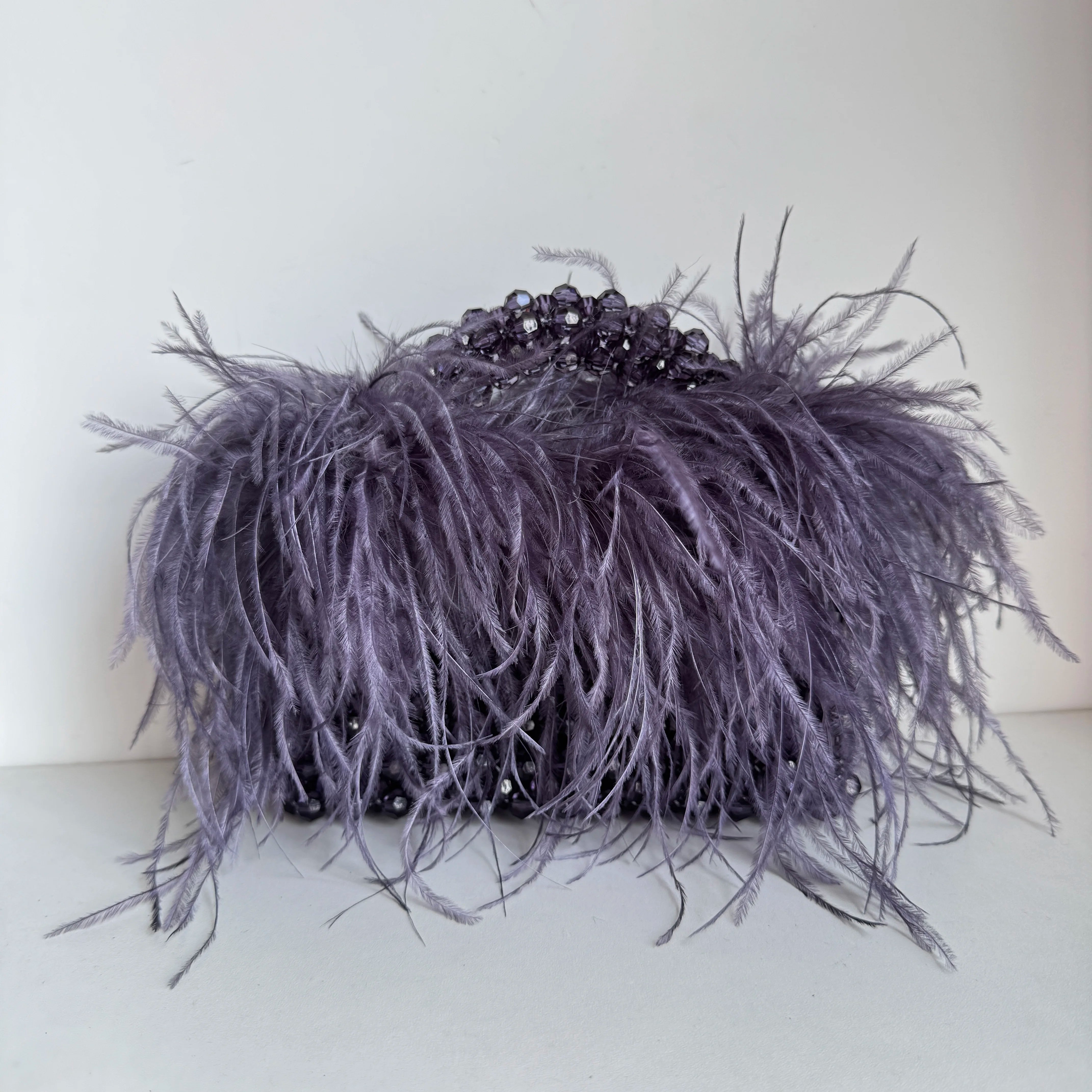 Handmade Designer Pearl Bead Bag with Feather Fur Trim - Elegant Acrylic Crystal Stone Evening Tote Clutch for Women | Perfect for Parties, Weddings & Special Occasions
