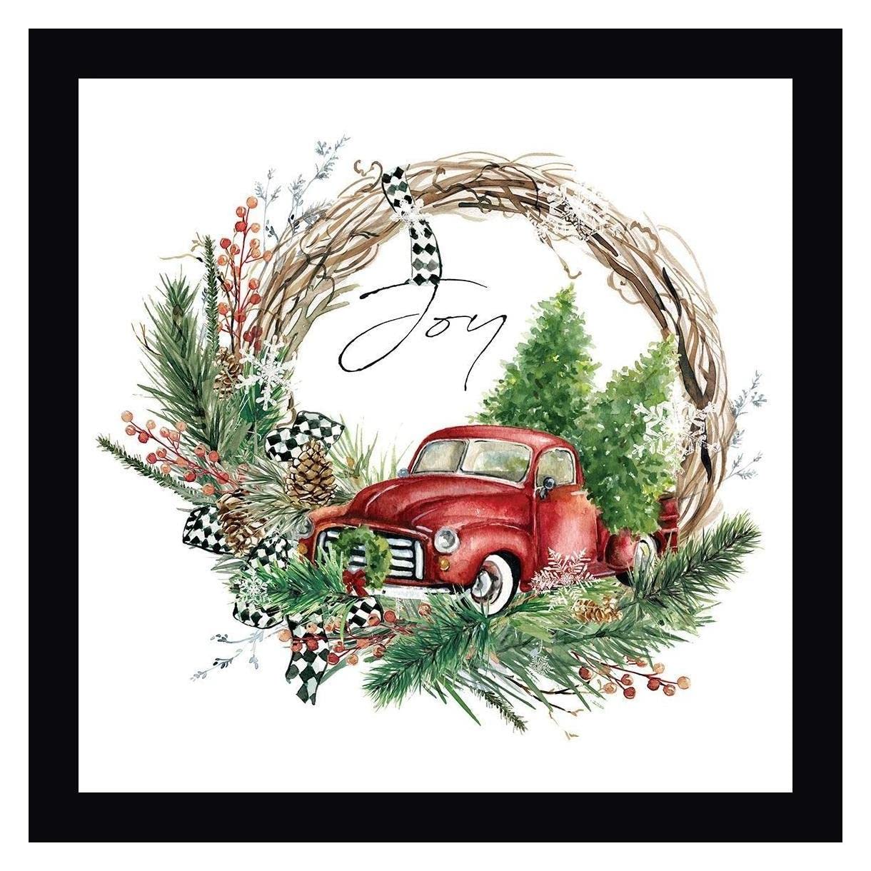 Joy Truck Wreath by Carol Robinson - 20x20 Inch Framed Canvas Wall Art Print with Black Wood Frame - Ready to Hang - Perfect for Christmas Home Decor, Living Room, Bedroom & Office
