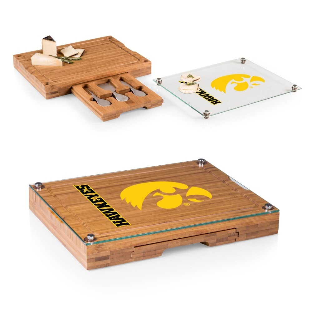 PICNIC TIME NCAA Concerto Glass Top Cheese Board and Knife Set - Bamboo Charcuterie Board with Glass Top Cutting Board for Entertaining, Wine & Cheese Parties, Gifts, and Home Decor