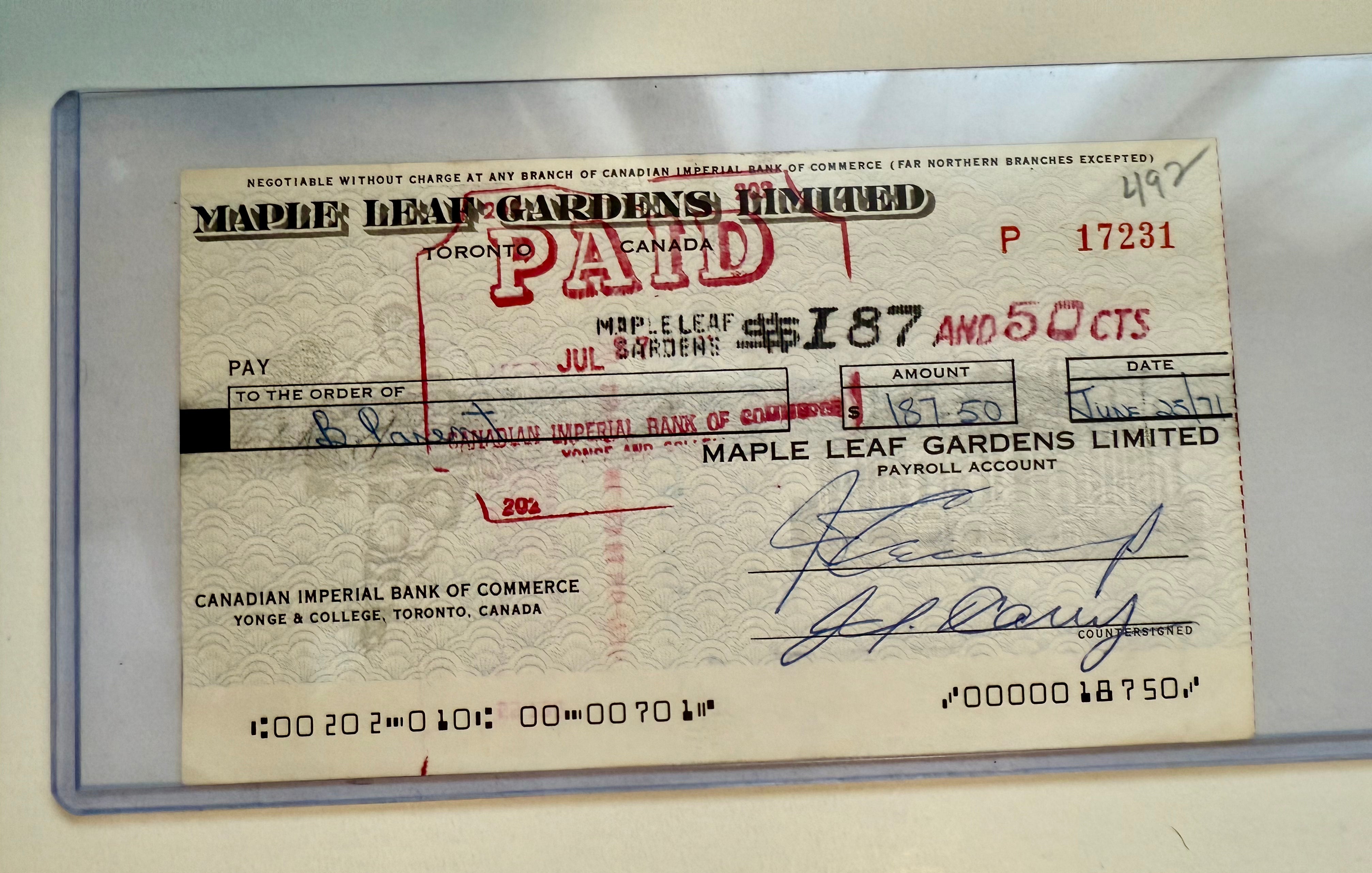 Bernie Parent Autographed 1971 Maple Leaf Gardens Check with COA - Rare Hockey Memorabilia for Collectors & Fans