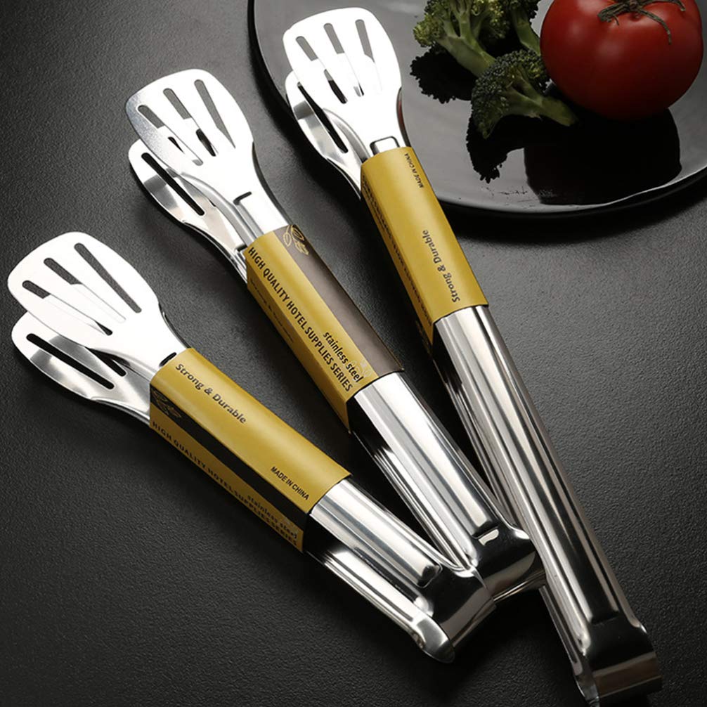 3-Piece Stainless Steel BBQ Tongs Set - Food Grade Safe Metal Cooking Tongs for Grilling, Baking, Steak, Toast & Bread - Perfect for Outdoor Barbecue, Kitchen & Camping Use