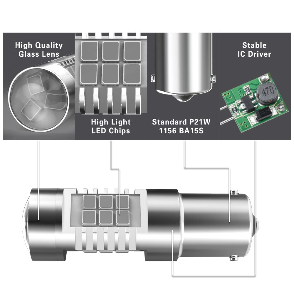 1156 BA15S LED Bulbs 7056 1141 21-EX - 2835 SMD Chipsets with Lens Projector - Super Bright Red Backup Reverse Lights, Tail Lights, Brake Lights, Stop Parking Lights - DC 10-16V, 10.5W (Pack of 2) - Perfect for Cars, Trucks, SUVs, Motorcycles & Boats