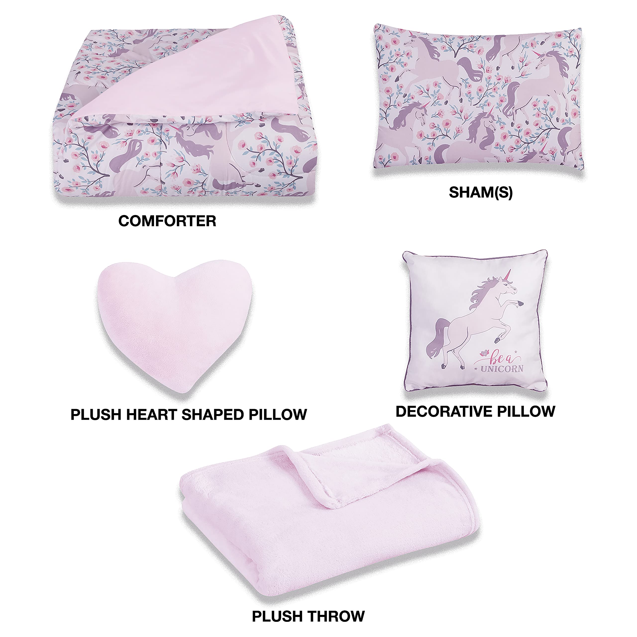 Floral Unicorn Twin Comforter Set for Kids - 5-Piece Super Soft Unicorn Bedding with 3 Magical Throws & Reversible Pillow Shams - Perfect for Girls' Bedrooms & Sleepovers