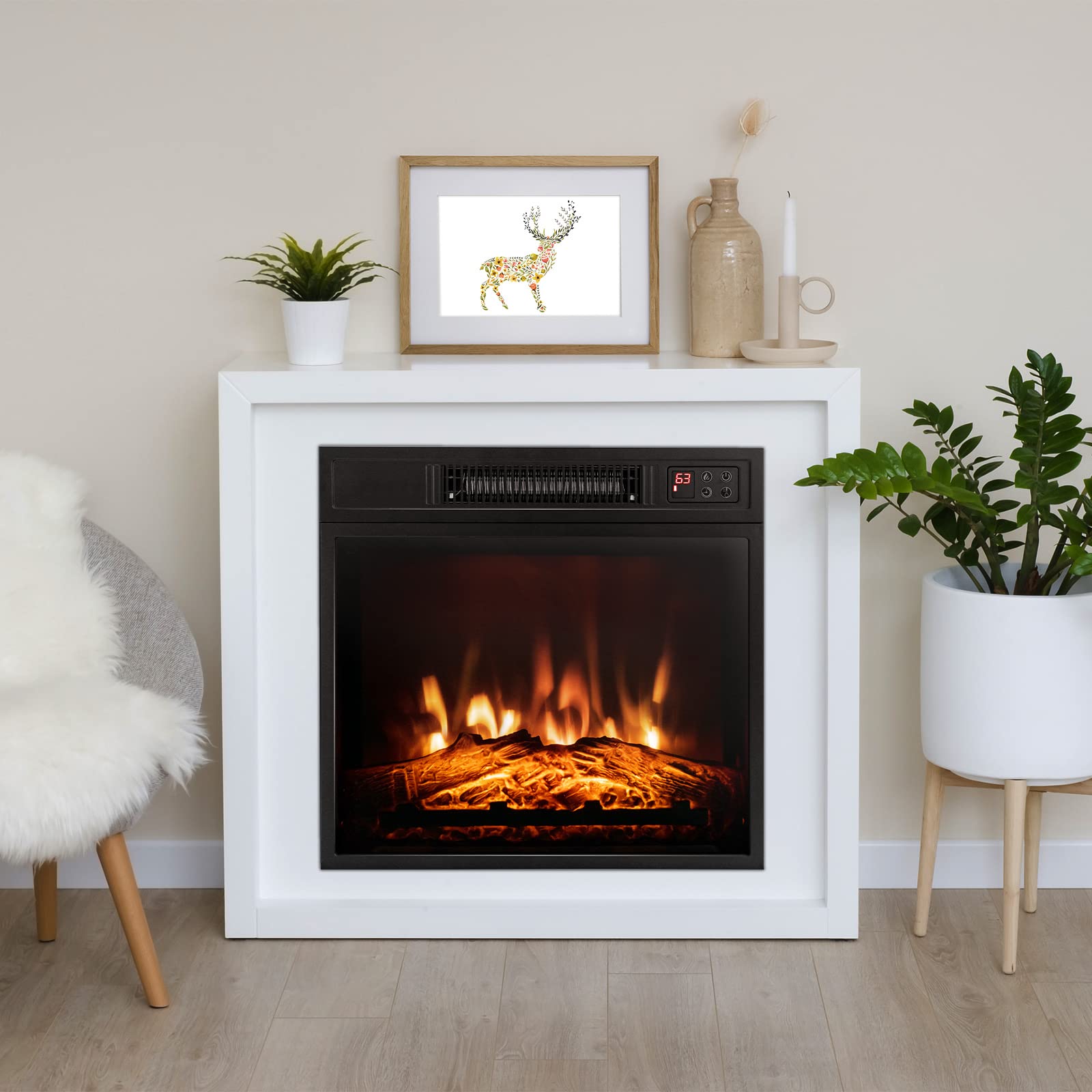 COSTWAY 18-inch Electric Fireplace Insert - 1400W Recessed Fireplace Heater with Remote Control, 3 LED Flame Effects & 6H Timer - Indoor Wall Mount or Freestanding Fireplace for Bedroom, Living Room, Home Office - Black (Perfect for Winter Heating & Cozy Ambiance)
