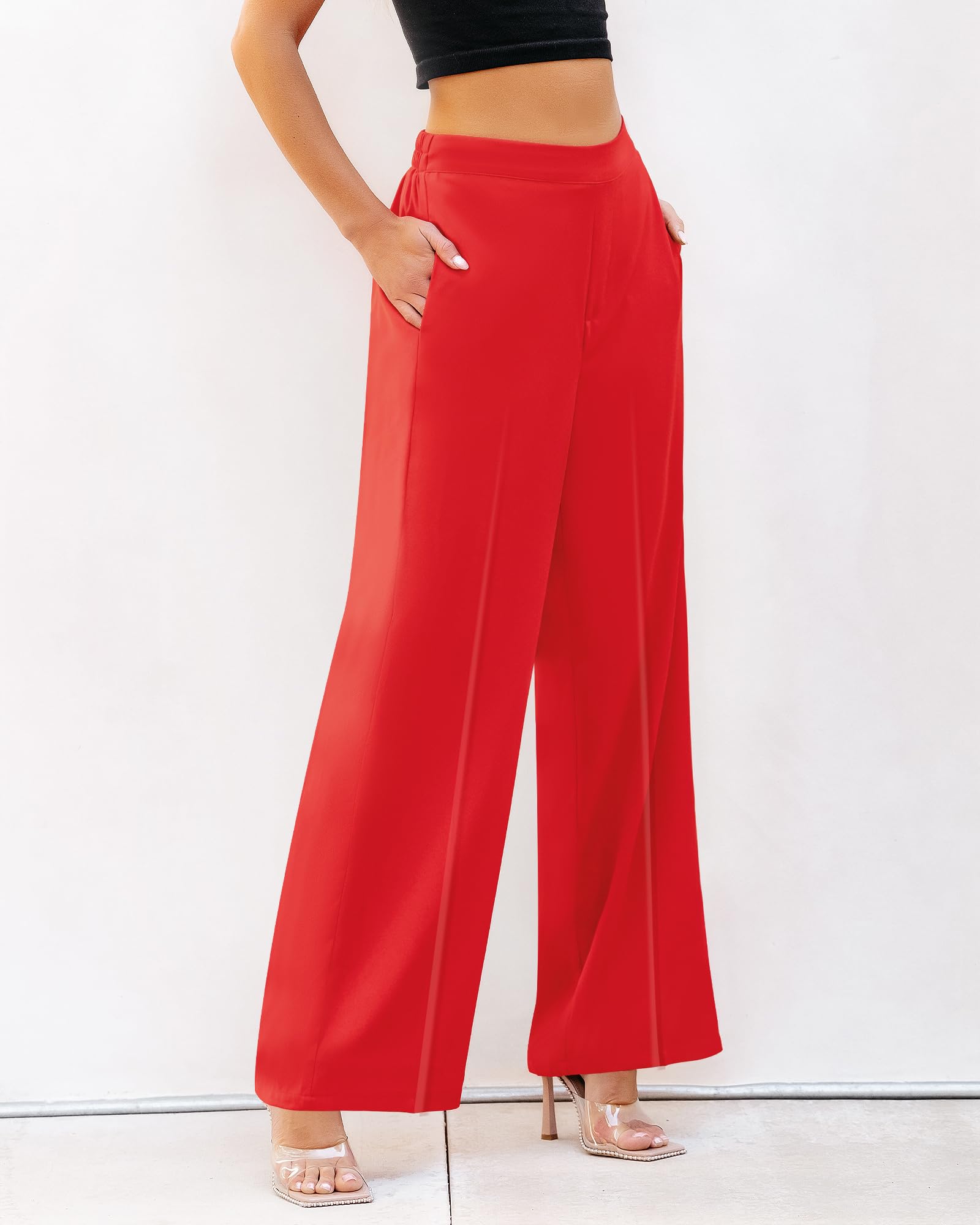 GRAPENT Women's High Waisted Wide Leg Dress Pants - Elastic Waist Pull On Business Casual Trousers with Pockets for Office Work & Professional Outfits