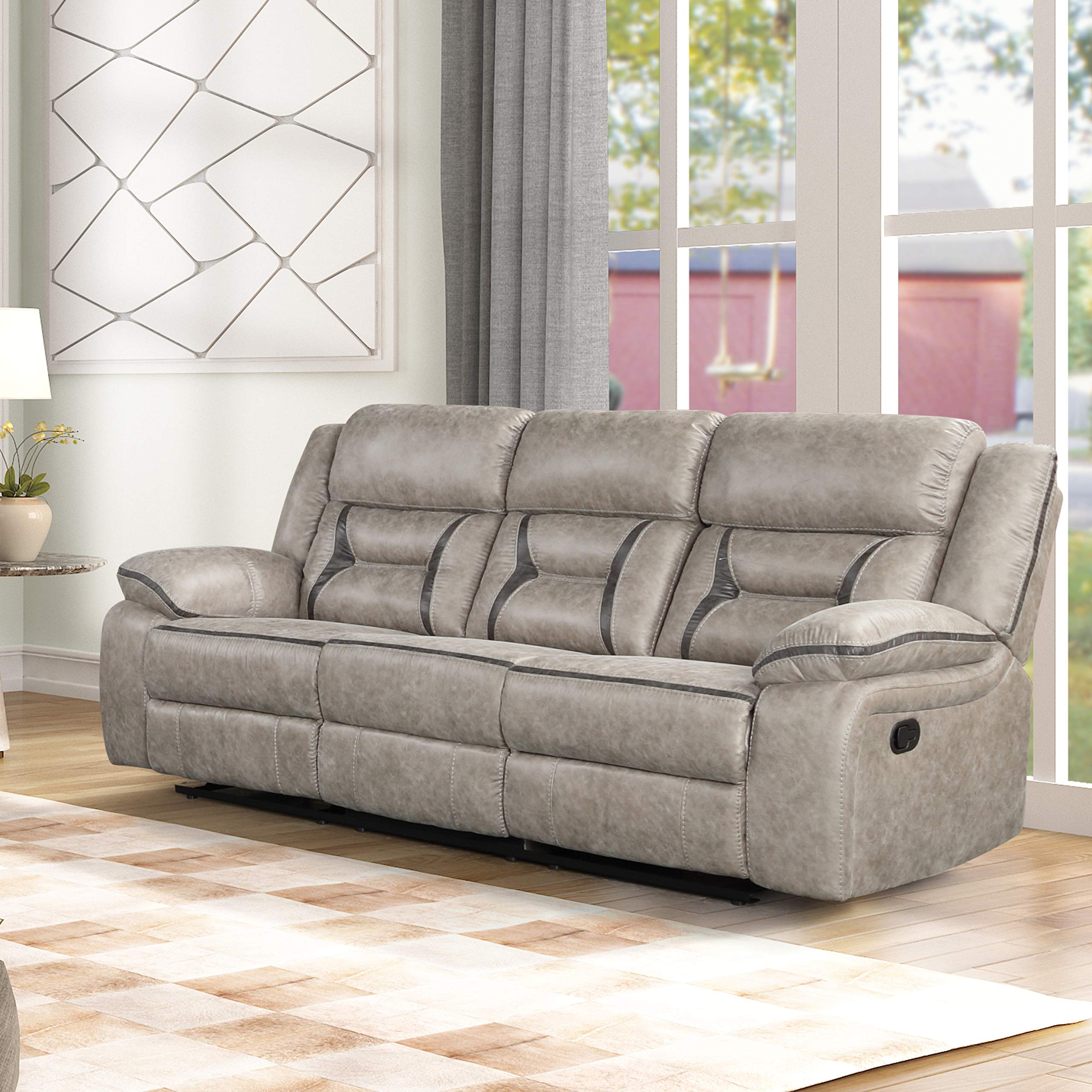 Roundhill Furniture Elkton Manual Recliner Sofa with Storage Console - Taupe Upholstery | Comfortable Living Room Seating for Relaxation & Entertainment