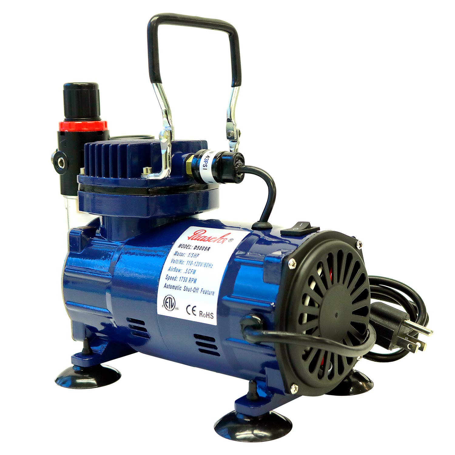 Paasche D500SR 1/5 HP Airbrush Compressor with Auto Shutoff, Regulator & Moisture Trap - Blue | Professional Airbrushing for Artists, Hobbyists & DIY Projects | Perfect for Cake Decorating, Model Painting & Tattoo Practice