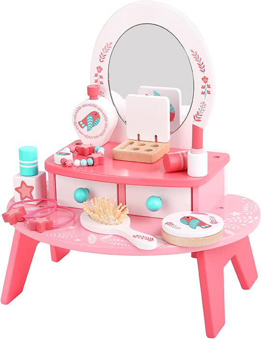 Tookyland Princess Vanity Toy Set for Toddlers - Wooden Makeup Table with Mirror & Accessories for Girls' Pretend Play
