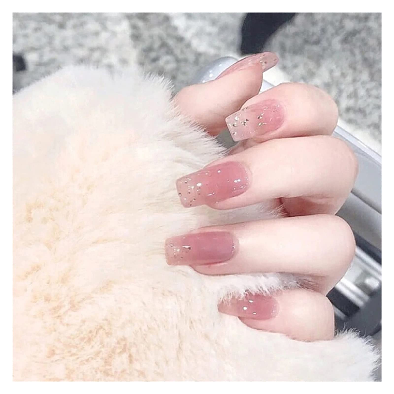 24pcs Ballet False Nails - Nude Pink with Heart Design, Medium Length, Skin Tone White (Color 09) | Includes Jelly Glue for Easy Manicure & Nail Extension | Perfect for Parties, Weddings, and Everyday Wear