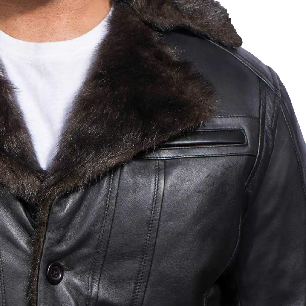 The Jacket Maker Furcliff Men's Black Leather Faux Fur Coat | Warm Sheepskin Style Winter Jacket for Men | Stylish Faux Fur Lined Coat for Cold Weather & Outdoor Activities