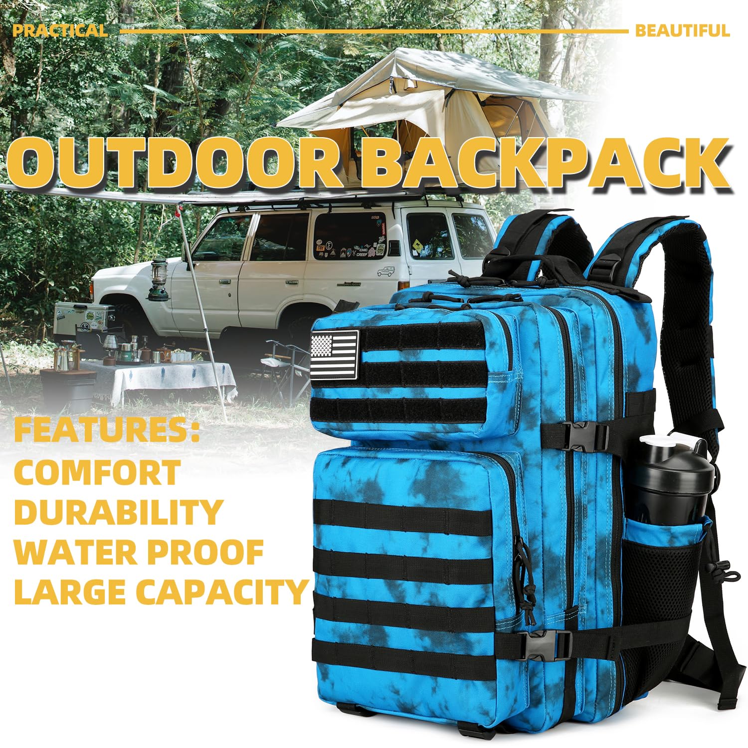 25L Tactical Backpack Military Molle Rucksack - Water Resistant Outdoor Hiking Camping Backpack for Men & Women - Perfect for Travel, Assault Training & Survival Gear (Blue Camo Pattern)