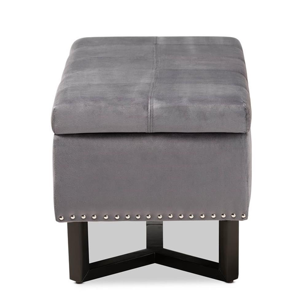 BOWERY HILL Grey Velvet Upholstered Storage Ottoman with Brown Wooden Legs - Perfect for Living Room, Bedroom, or Entryway Organization