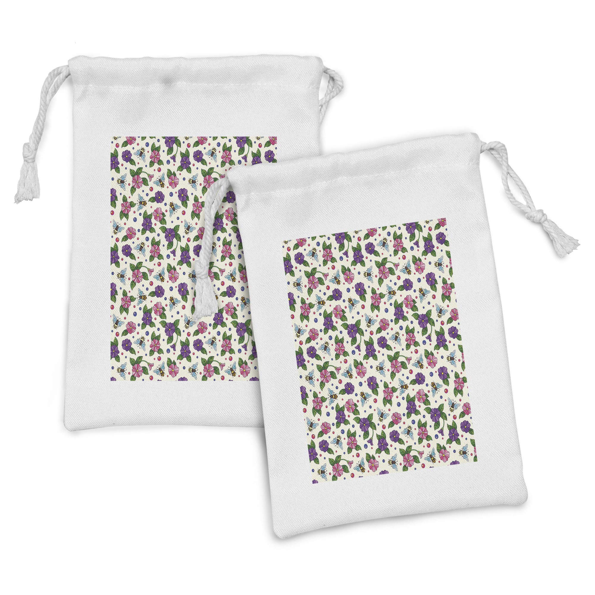 Ambesonne 2-Pack Nature Fabric Pouches - Botanical Bees & Colorful Flowers Design, 9