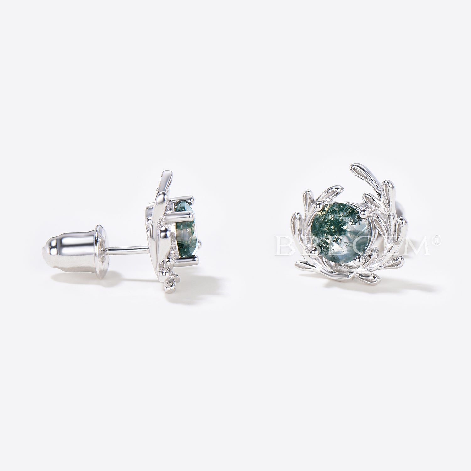 Round Natural Moss Agate Leaf Stud Earrings - 14k White Gold Boho Style Jewelry for Women - Perfect for Everyday Wear, Gift Giving & Boho Fashion