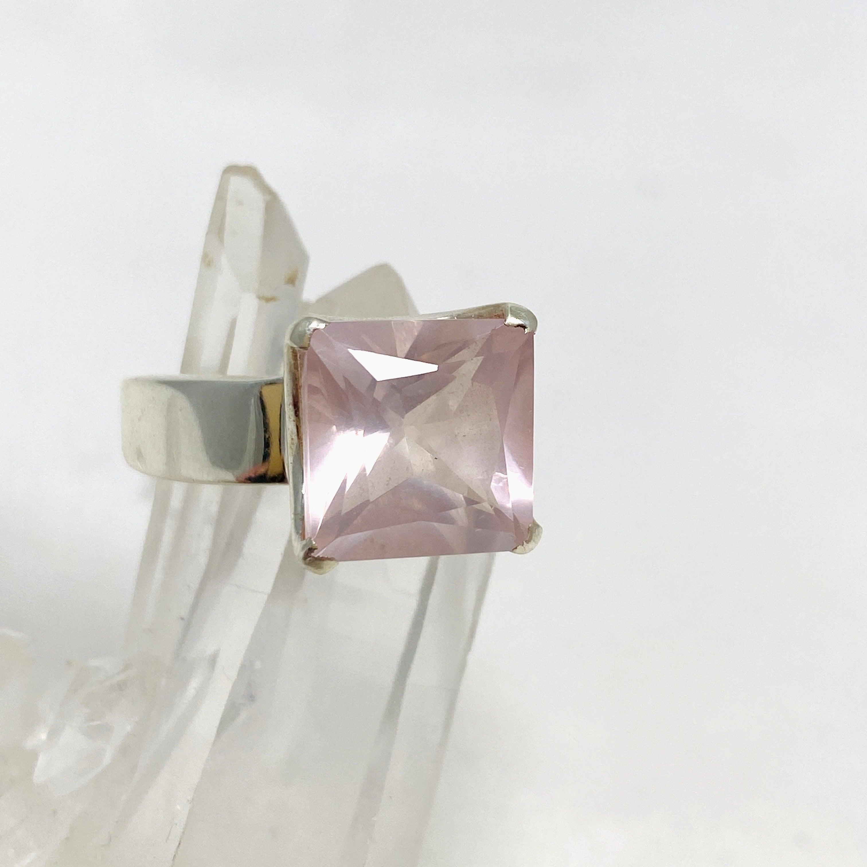 Rose Quartz Faceted Square Ring Size 11.5 PRGJ427 - Elegant Healing Crystal Jewelry for Women, Perfect for Meditation, Yoga & Spiritual Gifts