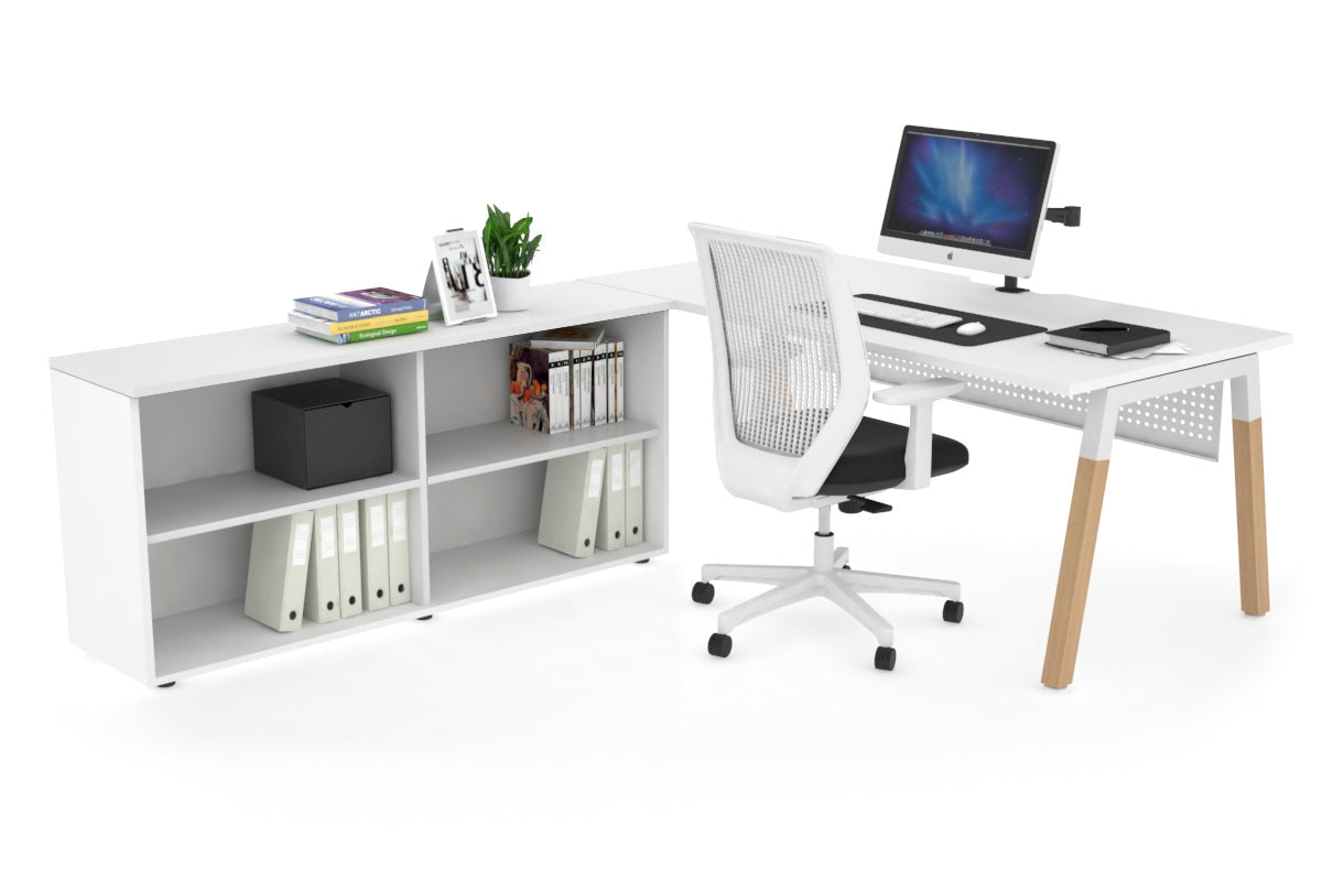 Premium Quadro A-Legs Executive Desk - Solid Wood Legs with White Cross Beam [1600L x 800W] - Modern Office Furniture for Home & Workspace - Includes Cable Management Scallop for Neat Setup