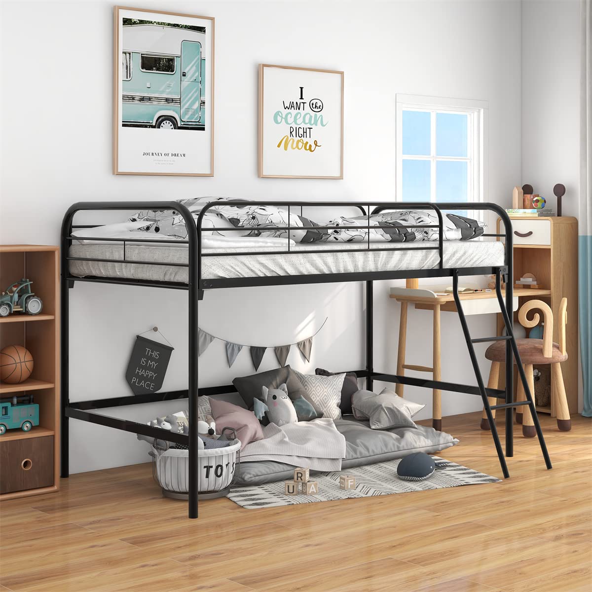 **Triple Tree Twin Size Metal Low Loft Bed with Ladder & Safety Guardrails - Sturdy Frame, No Box Spring Needed, Black - Perfect for Kids' Bedroom, Dorm, or Small Space**