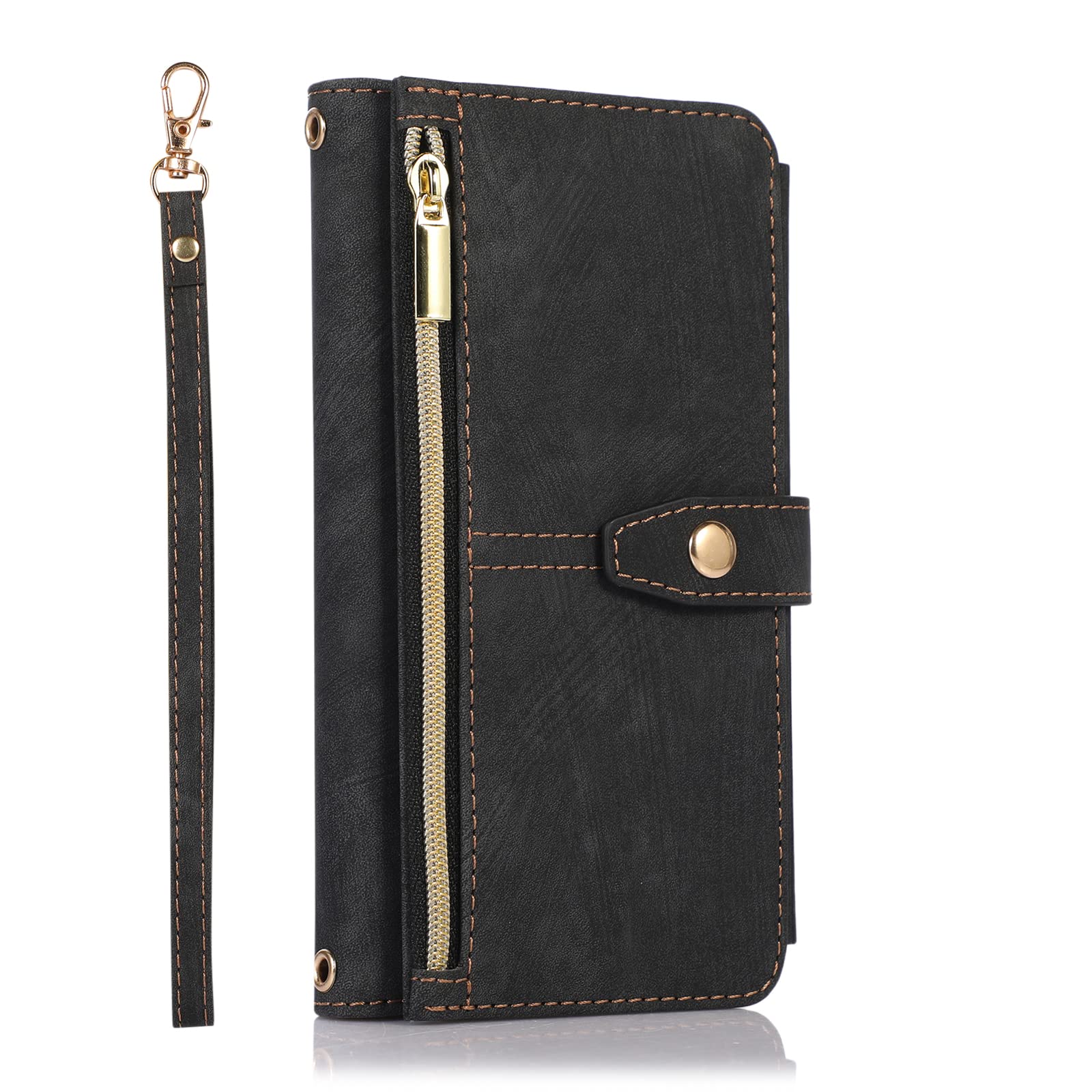 Premium Leather Zipper Wallet Case with Wrist Strap for iPhone SE 2022/2020/iPhone 7/iPhone 8 - Black | RFID Blocking Flip Cover for Cards & Cash | Perfect for Travel, Shopping & Daily Use