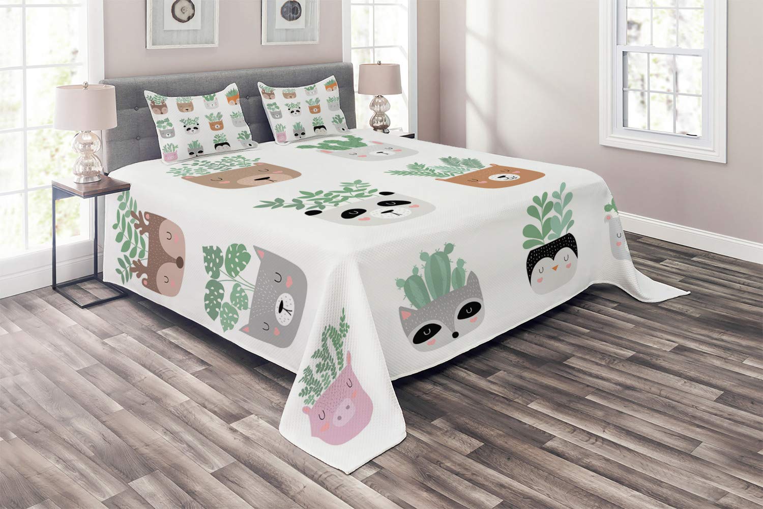 Ambesonne King Size 3-Piece Quilted Bedspread Set with 2 Pillow Shams - Woodland Themed Botanical Artwork Featuring House Plants in Funny Animal Pots, Multicolor - Perfect for Cozy Bedroom Decor, Guest Room Makeover, and Nature-Inspired Home Styling