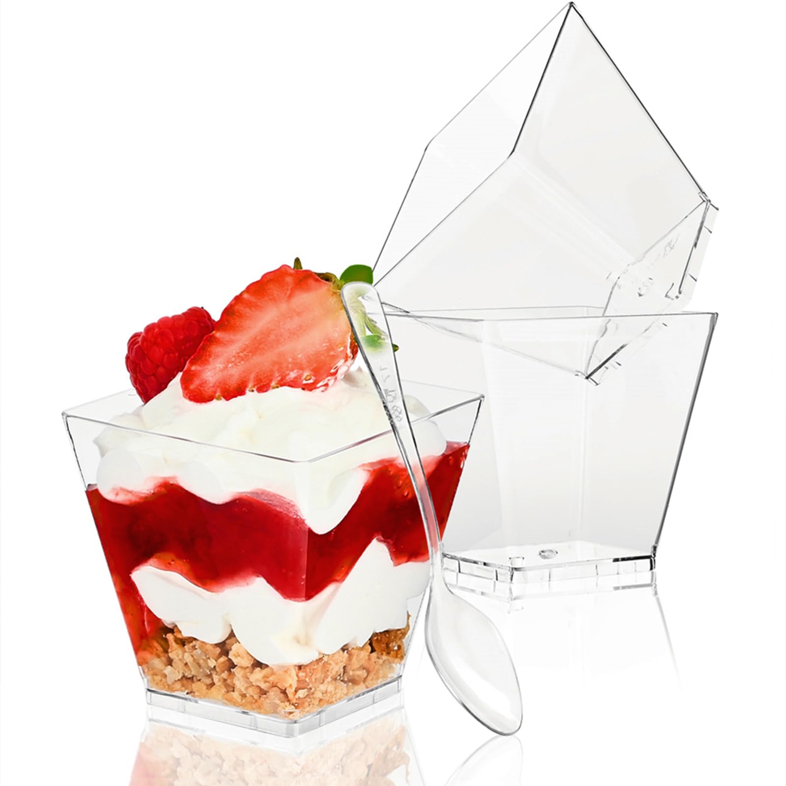 TOFLEN 50 Pack 3.5 oz Plastic Dessert Cups with Spoons - Mini Square Disposable Containers for Yogurt, Parfait, Pudding, Jello, Appetizers & Party Dessert Shooters - Perfect for Catering, Birthday Parties, Baby Showers & Wedding Receptions