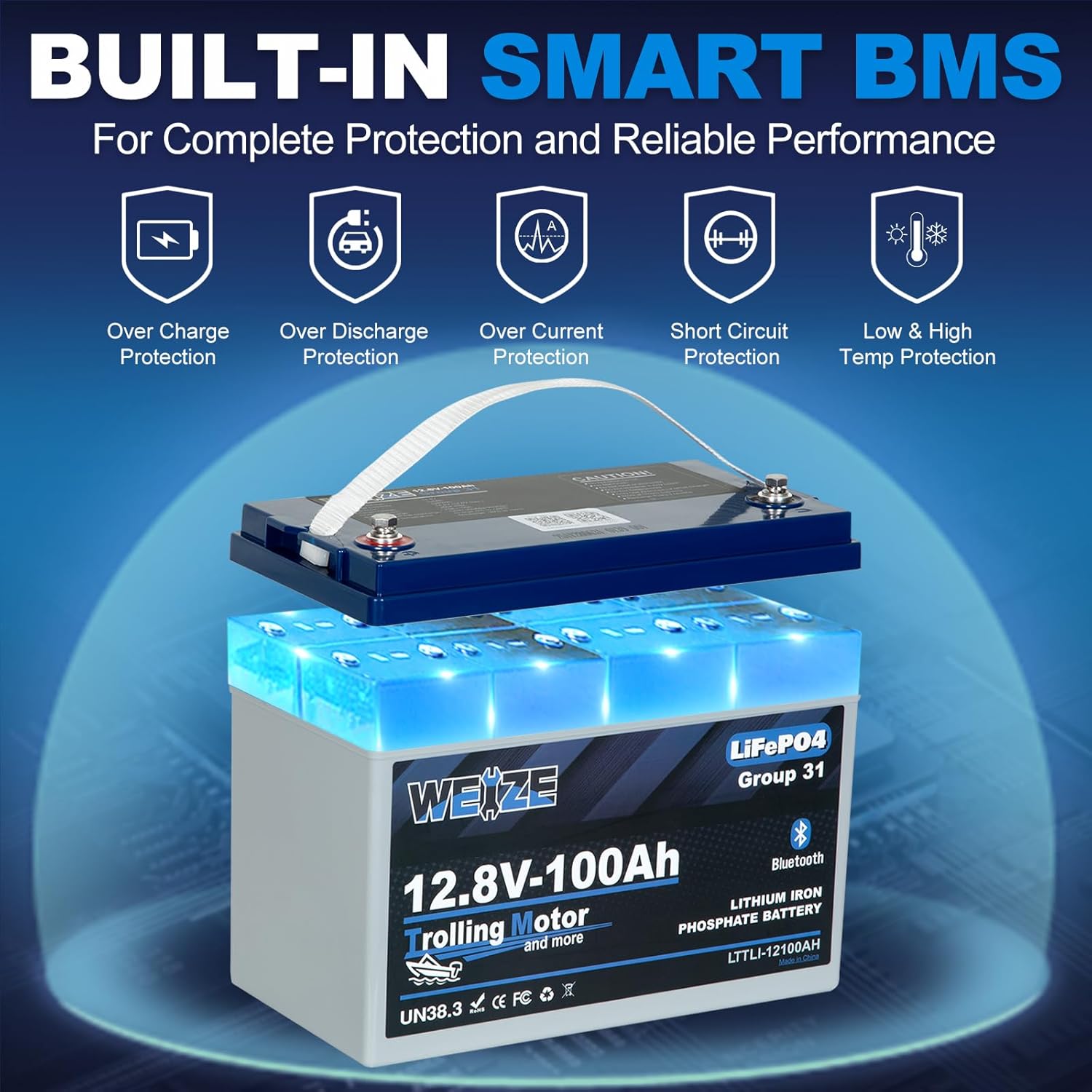 WEIZE 12V 100Ah LiFePO4 Lithium Battery with Bluetooth - Group 31 Deep Cycle Battery for RVs, Boats, Solar Systems & Off-Grid Power Storage