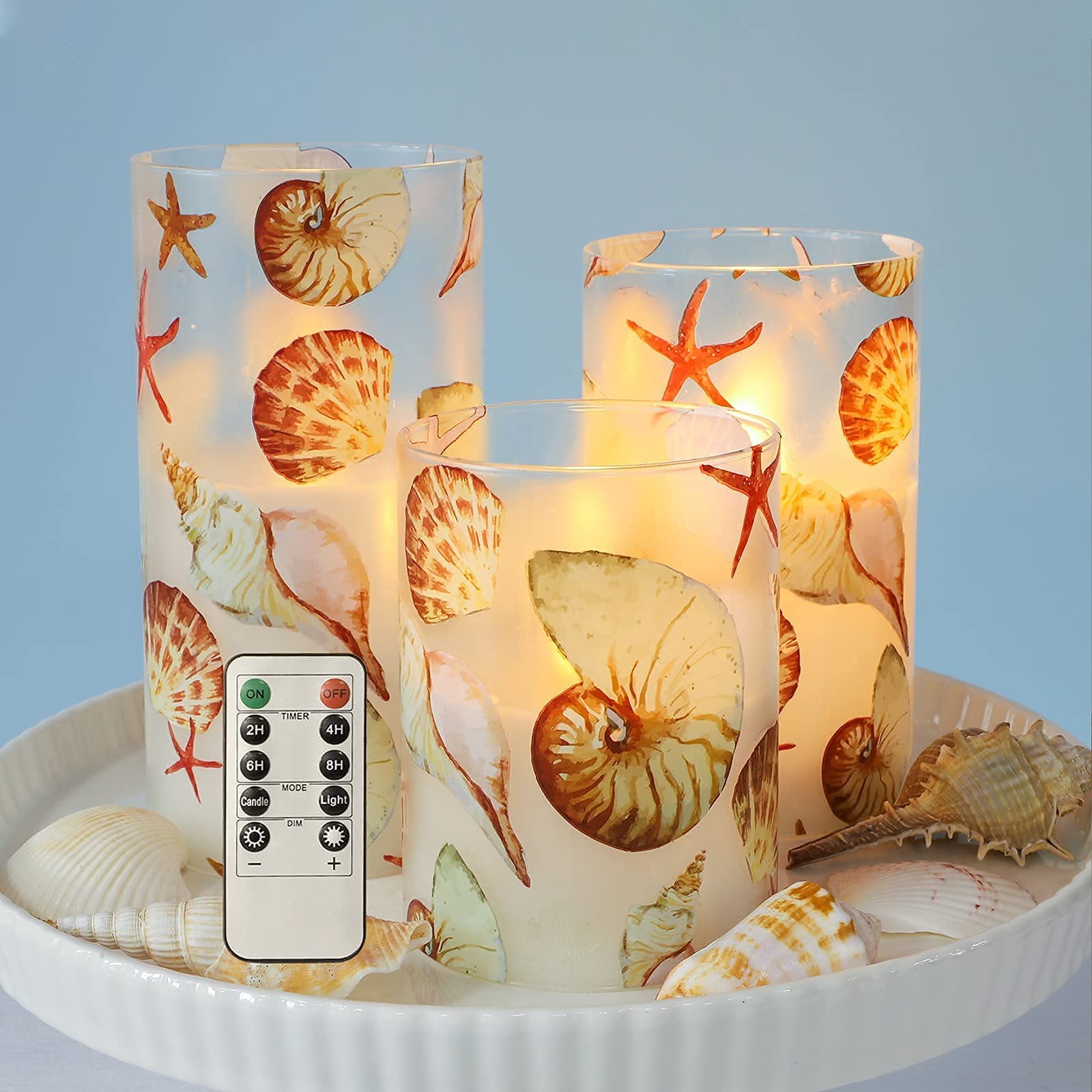 Remote Control LED Battery Operated Candles Set of 3 - Real Wax Ocean Decor with Shell & Starfish for Fireplace, Christmas, Bedroom, Nautical Theme Party & Home Decor | Flameless Safe Lighting for Romantic Ambiance
