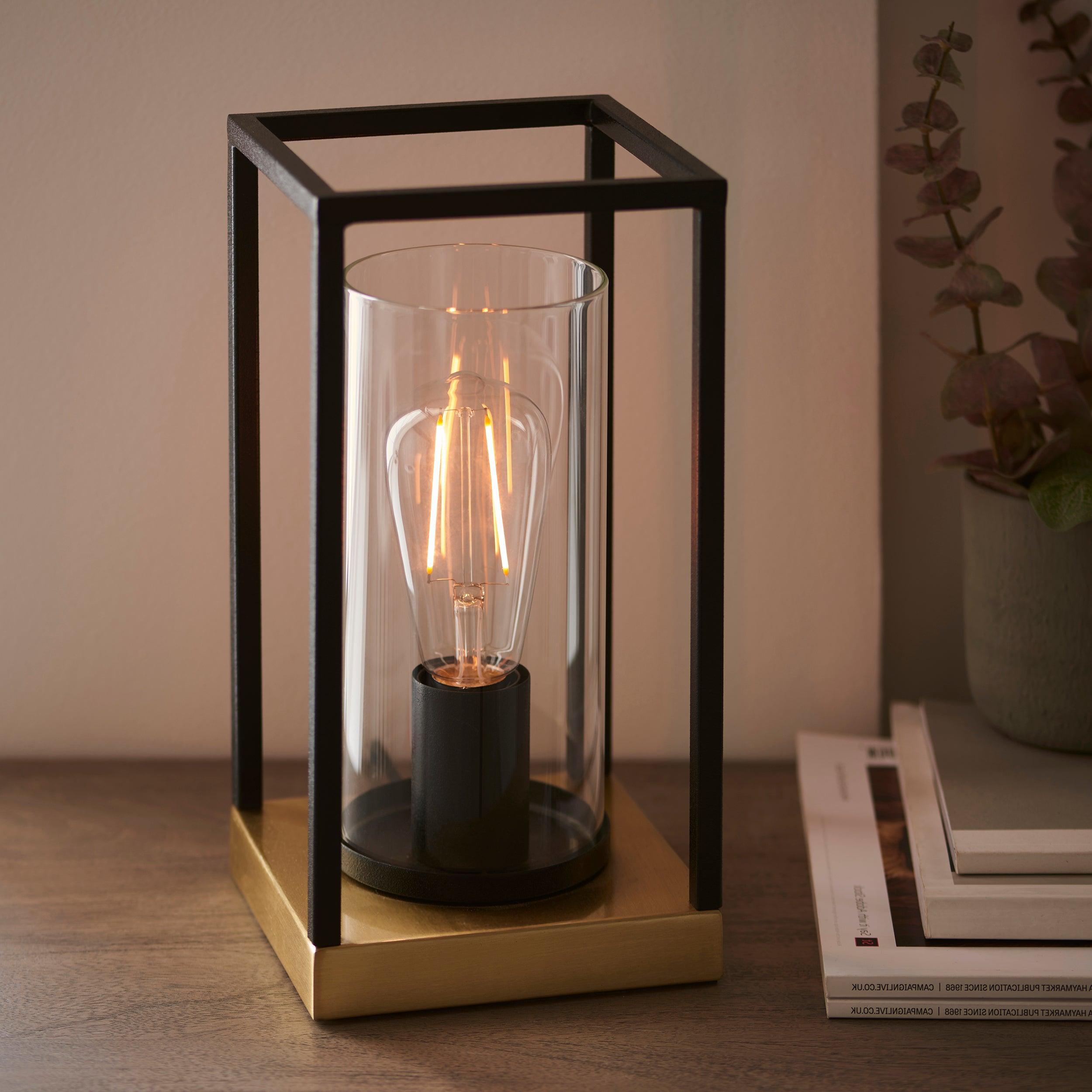 Stylish Caleb Brass & Black Frame Table Lamp with Clear Glass Shade - Perfect for Bedroom Nightstand, Living Room End Table, or Office Desk Lighting