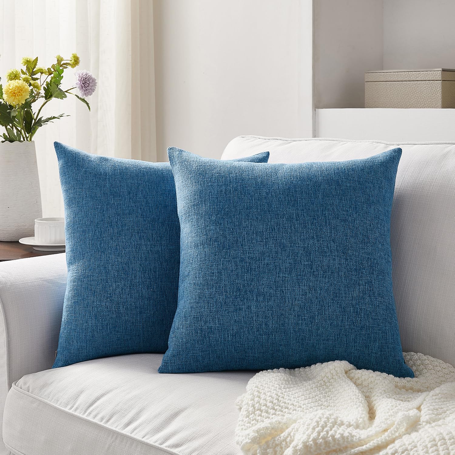 Meekio Set of 2 Blue Linen Pillow Covers 16x16 Inch - Farmhouse Boho Decorative Throw Pillow Cases for Sofa, Couch & Bed - Perfect for Living Room, Bedroom & Home Décor