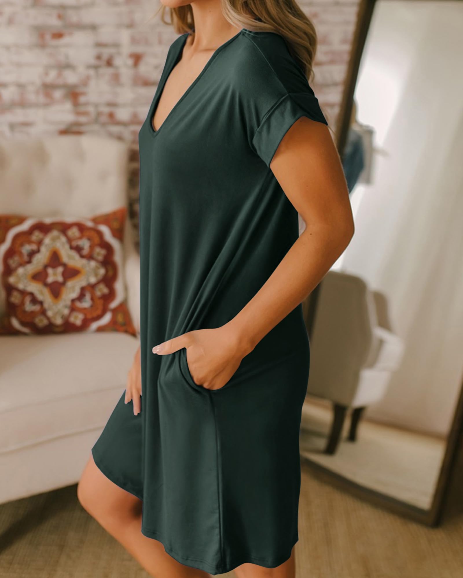 BTFBM Women's V-Neck Short Sleeve Summer Dress 2025 - Casual Loose Tunic T-Shirt Dress with Pockets | Spring & Summer Outfits, Beach Wear, Lounge Pajamas