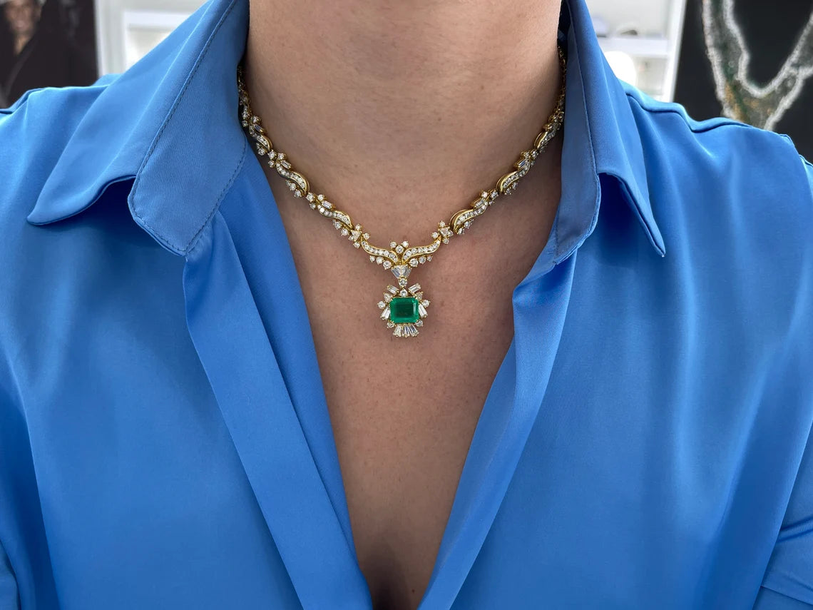17.20tcw Colombian Emerald & Multi-Cut Diamond Statement Necklace | Luxury Jewelry for Women, Elegant Gift for Weddings & Special Occasions