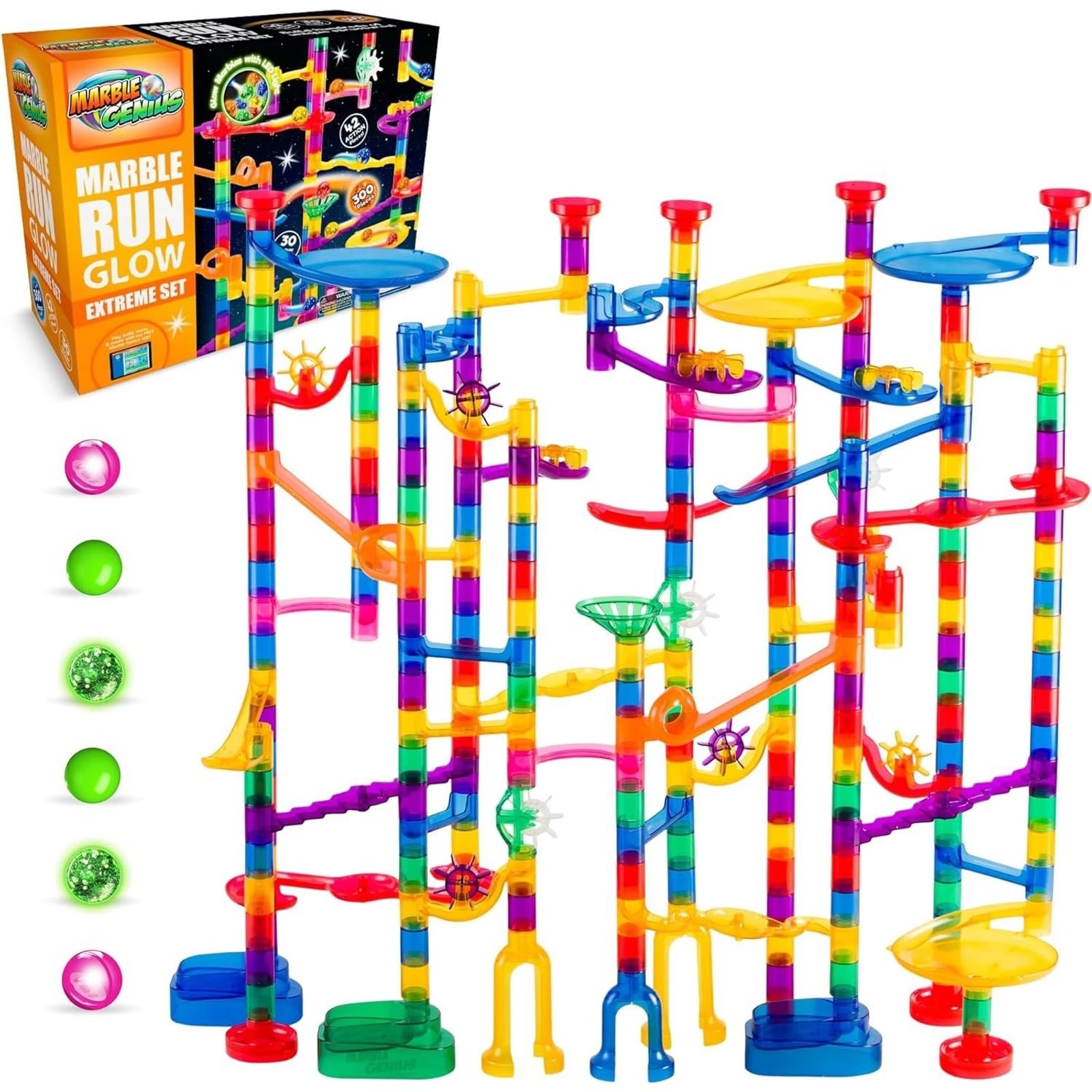 Marble Genius 300-Piece Glow in The Dark Marble Run Track Race Extreme Set - STEM Educational Building Toy for Kids Ages 4+ with Color Instruction Manual | Perfect for Easter Gifts, Birthday Presents & Indoor STEM Learning Activities