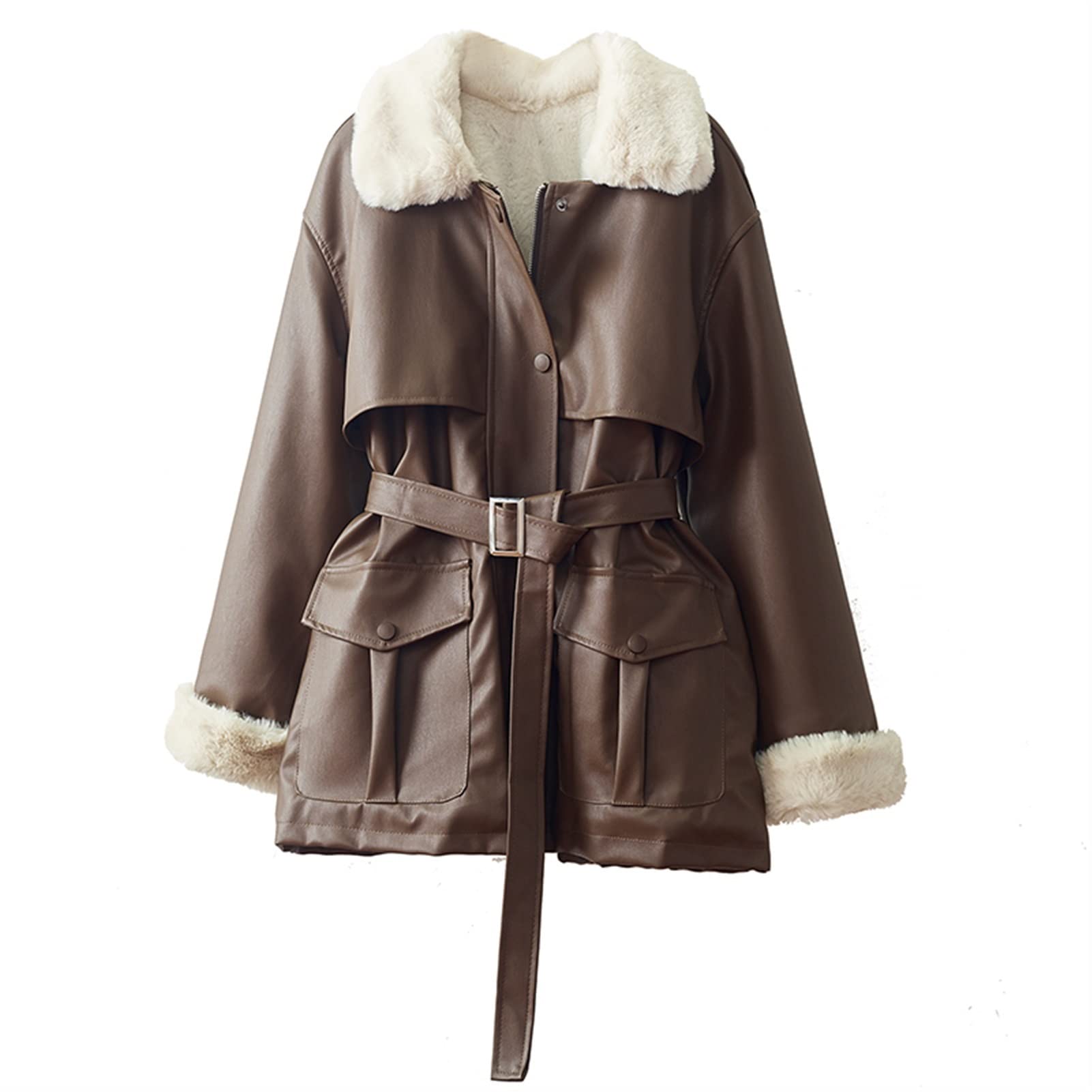Korean Winter Fur Collar Plush Jacket for Women - Coffee, One Size - Motorcycle & Fashion Outfit