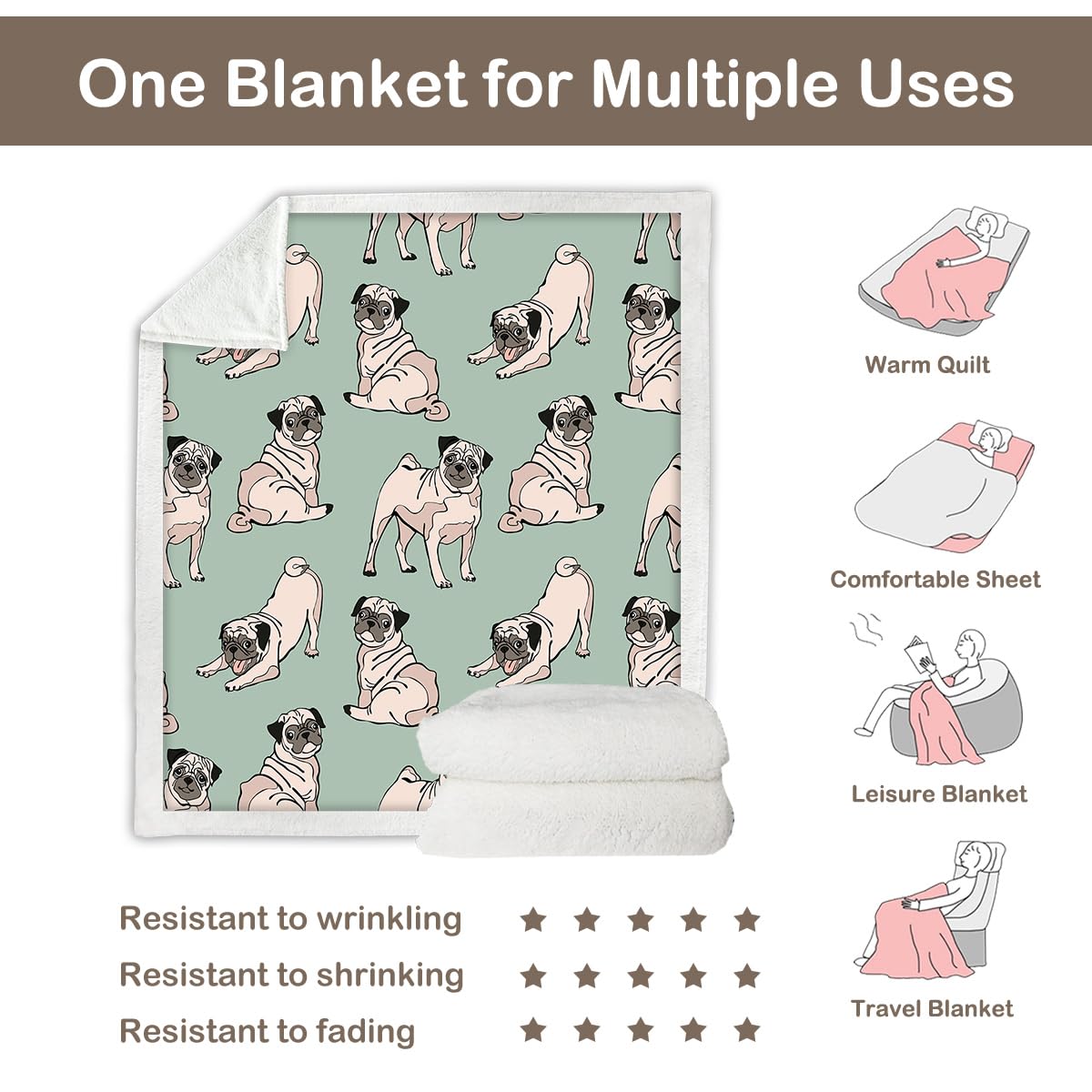 Soft Pug Fleece Throw Blanket for Kids & Adults - Cute Dog Sherpa Blanket, Green (50