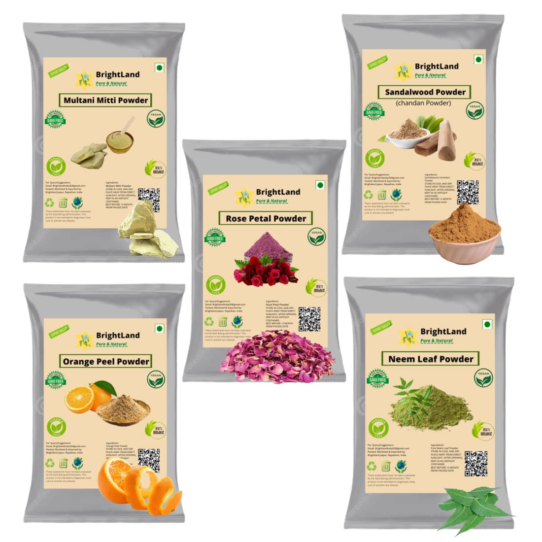 Brightland Organic Skincare Set - Rose Petal Powder, Orange Peel Powder, Multani Mitti Clay, Neem Leaf Powder & Sandalwood Powder (50g Each, 250g Total) for DIY Face Masks, Ayurvedic Beauty & Natural Skin Care