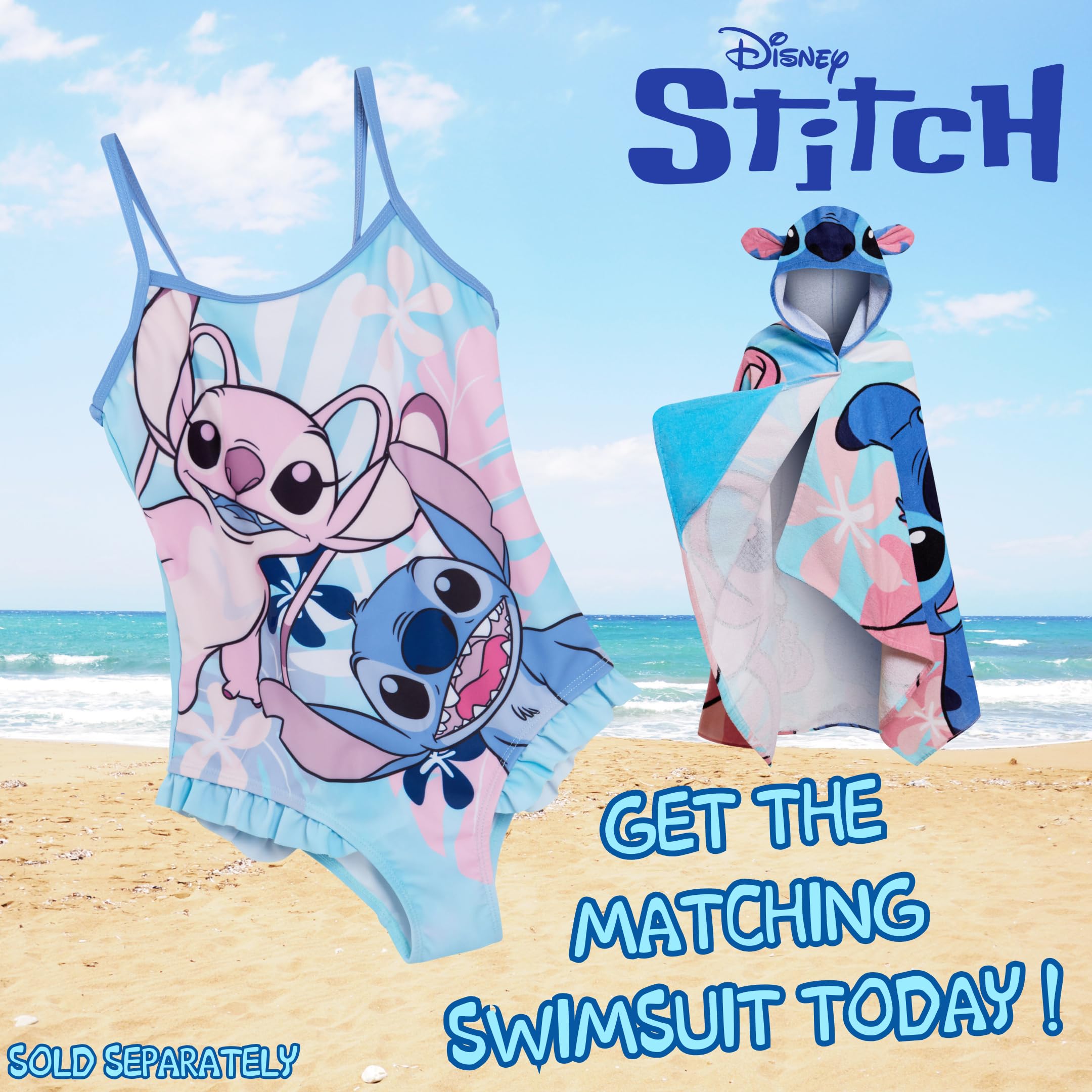 Disney Stitch Hooded Towel for Kids - 100% Cotton Angel Poncho, Beach & Bath Towel, Swimming Wrap & Changing Robe - Perfect for Pool, Beach, Bath Time & After-Swim Warmth