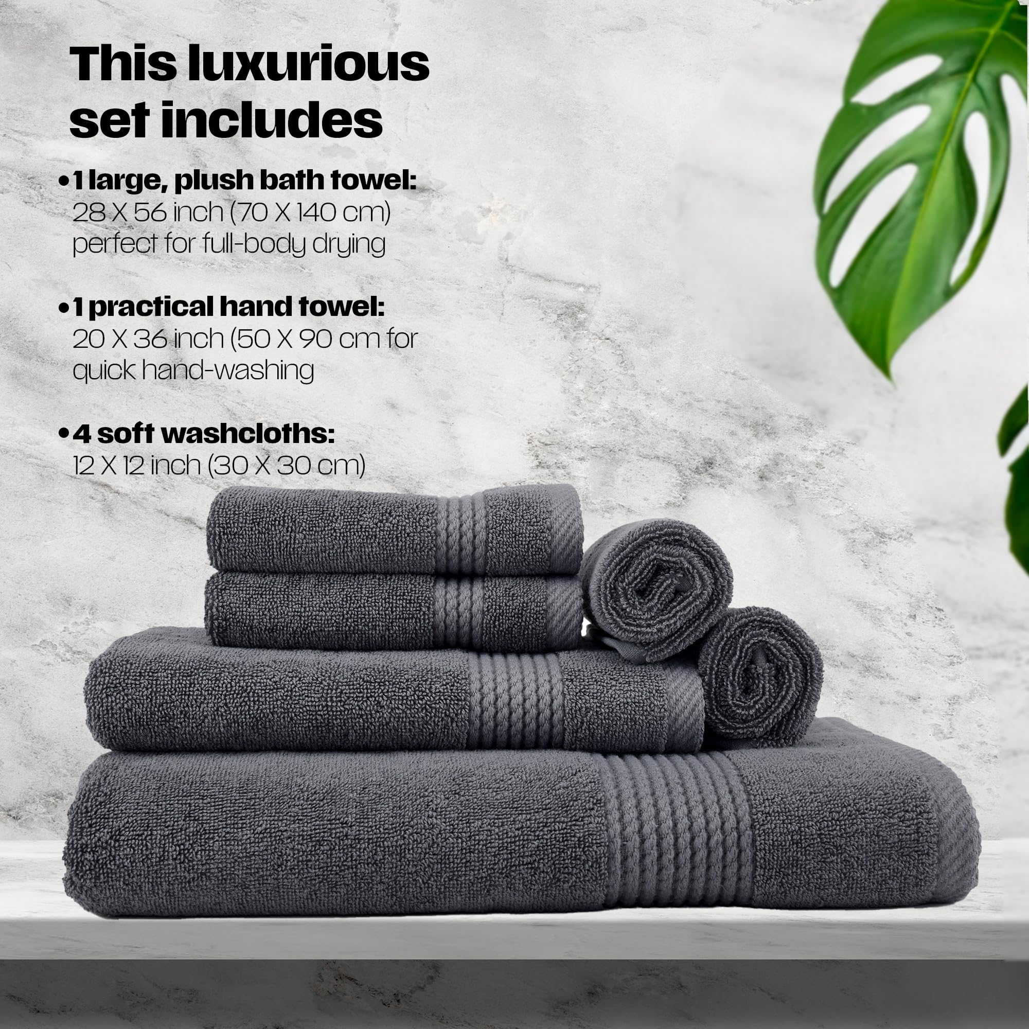 Premium 6-Piece Bath Towel Set - 100% Turkish Cotton, Ultra Soft & Highly Absorbent - Includes 1 Bath Towel, 1 Hand Towel & 4 Washcloths - Dark Gray - Perfect for Spa, Bathroom & Luxury Home Decor