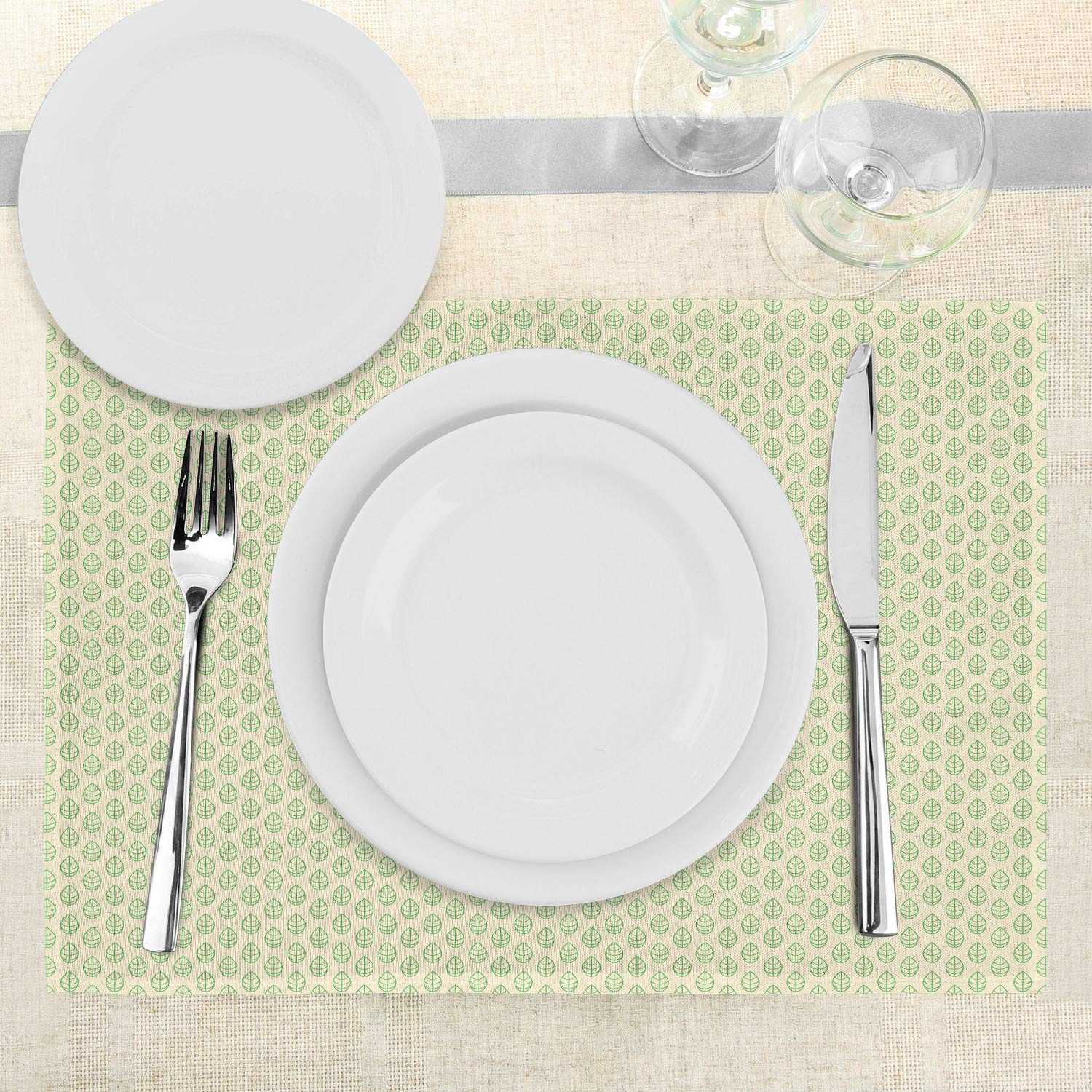 Ambesonne 4-Pack Abstract Geometric Placemats - Spring Green Leaf Pattern on White Washable Fabric - Modern Dining Table Decor for Kitchen & Home Entertaining - Perfect for Dinner Parties, Holiday Meals & Everyday Use