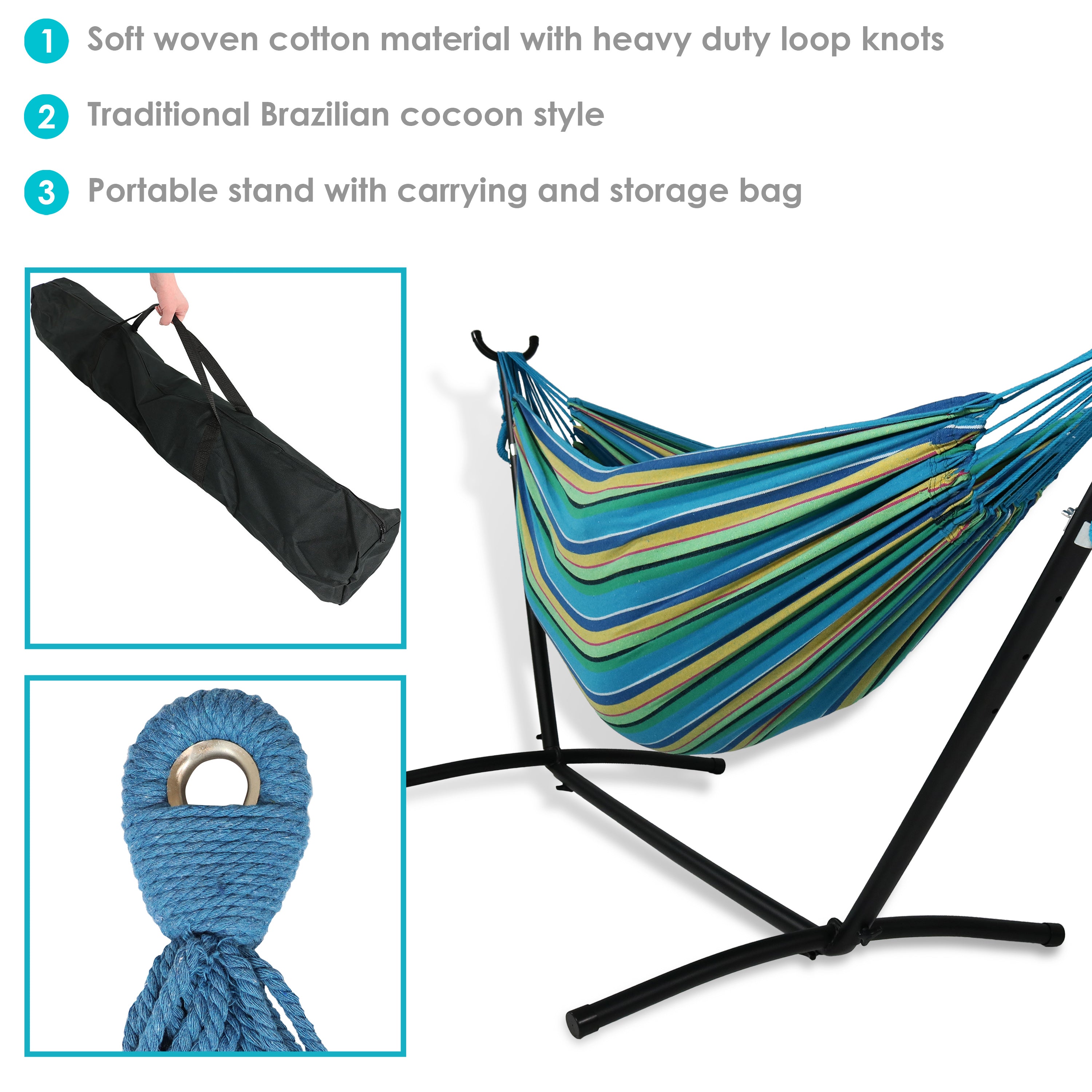 Premium Brazilian Double Hammock with Stand & Carry Bag - Heavy Duty Cotton Rope Hammock for Outdoor, Backyard, Patio & Beach Relaxation
