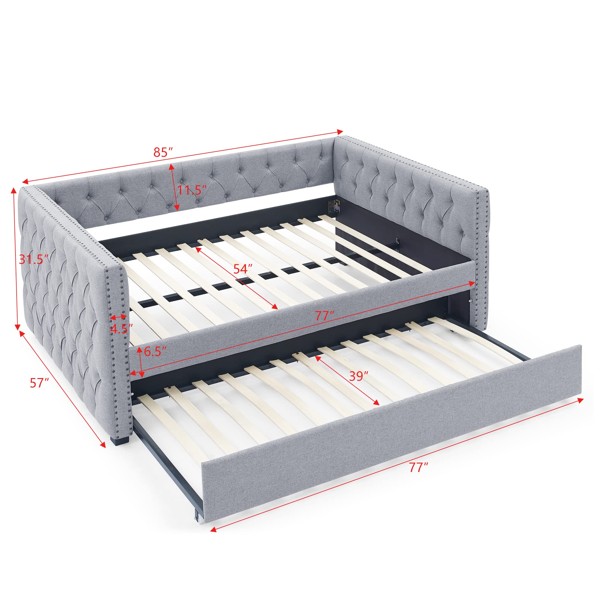 Bellemave Mid Century Modern Full Upholstered Daybed with Trundle - Tufted Button Design, Wood Slat Support, Gray Sofa Bed for Living Room, Guest Room & Small Spaces