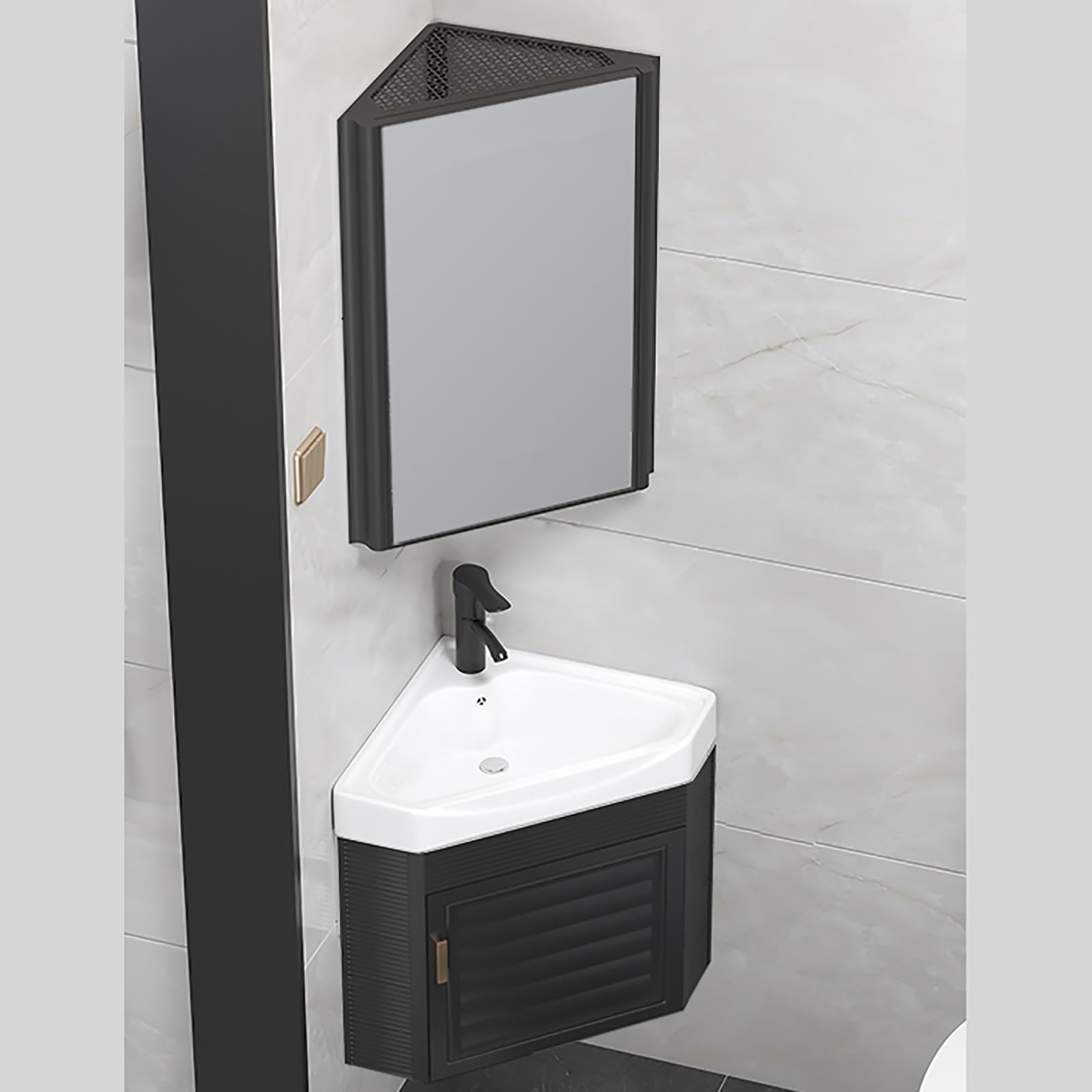 Corner Wall Mount Bathroom Sink with Storage & Mirror - Space Saving Black Vanity Sink (15 Inch) - Perfect for Small Bathrooms, Powder Rooms & RV Baths