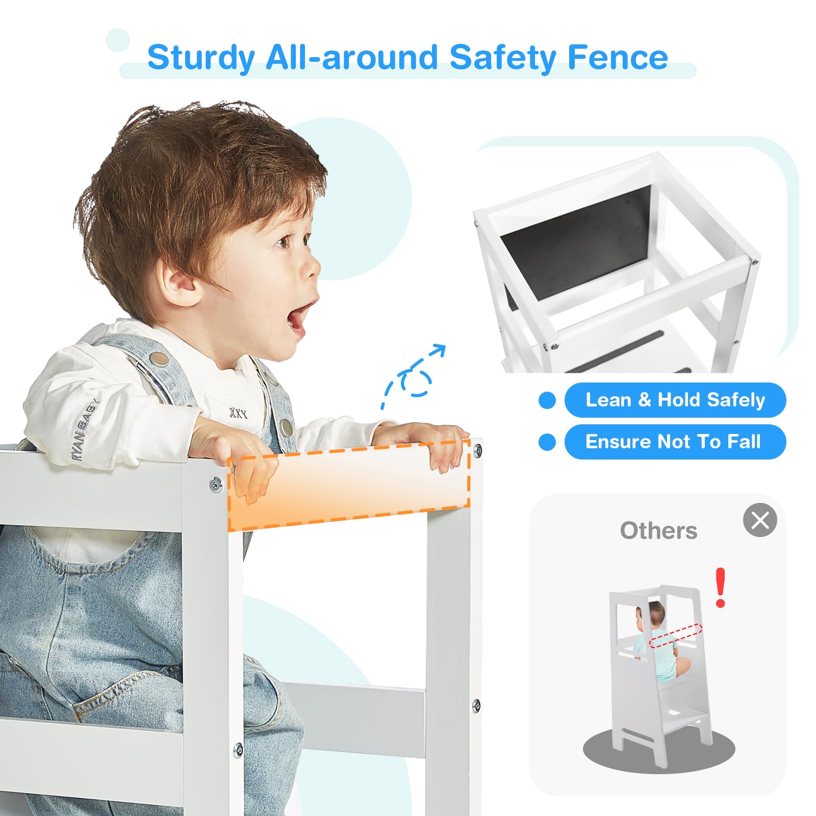 Yojoker Kids Kitchen Step Stool - Adjustable Toddler Standing Tower with Safety Rail | Montessori Learning Stool for Cooking & Baking | Non-Slip Base & Chalkboard (White) | Perfect for Little Chefs & Parent-Child Activities