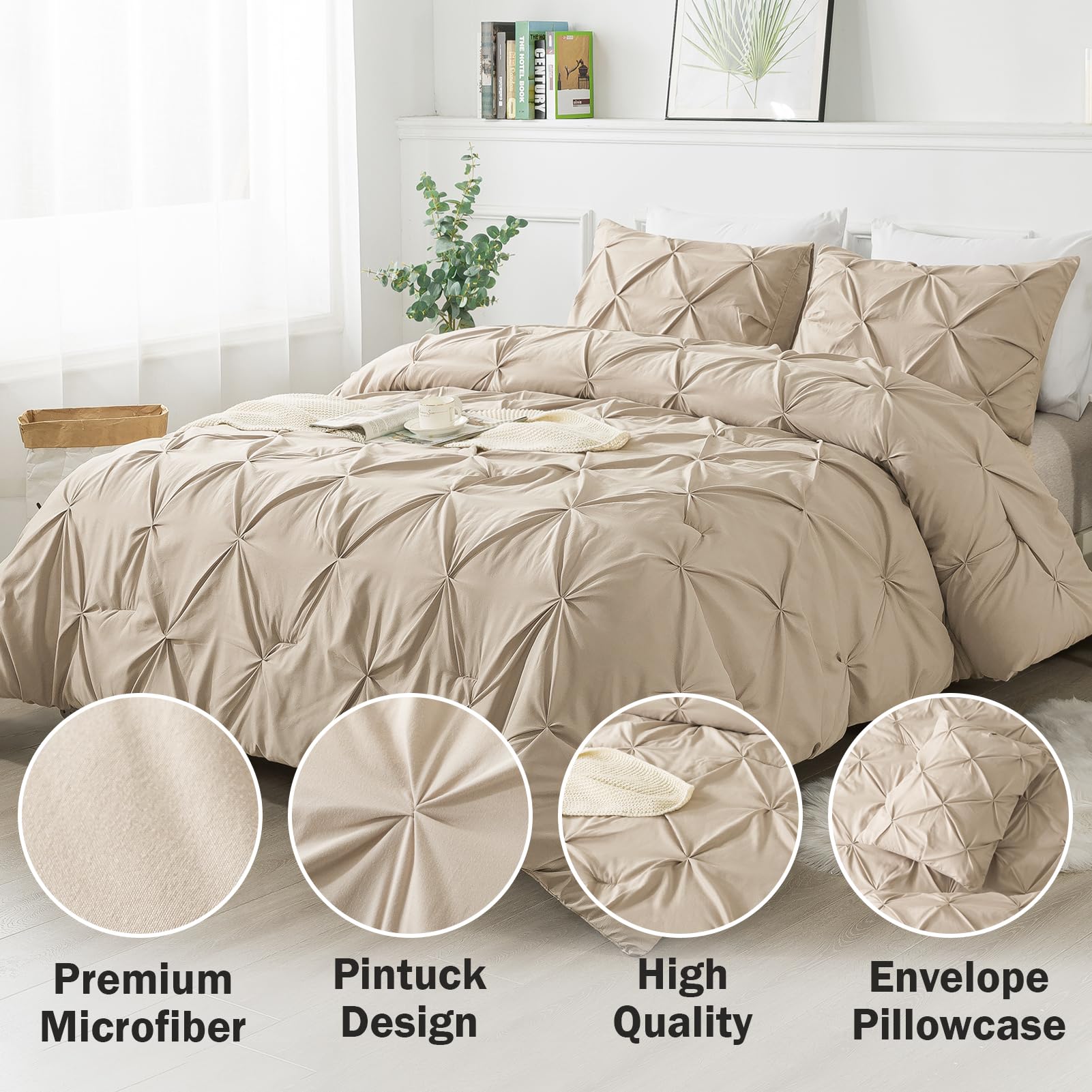 Andency Khaki Pinch Pleat Comforter Set Twin Size 66x90 Inch - 2 Piece Microfiber All Season Down Alternative Bedding (Comforter + Pillowcase) - Soft Pintuck Design for Cozy Bedroom Decor & Guest Room Essentials
