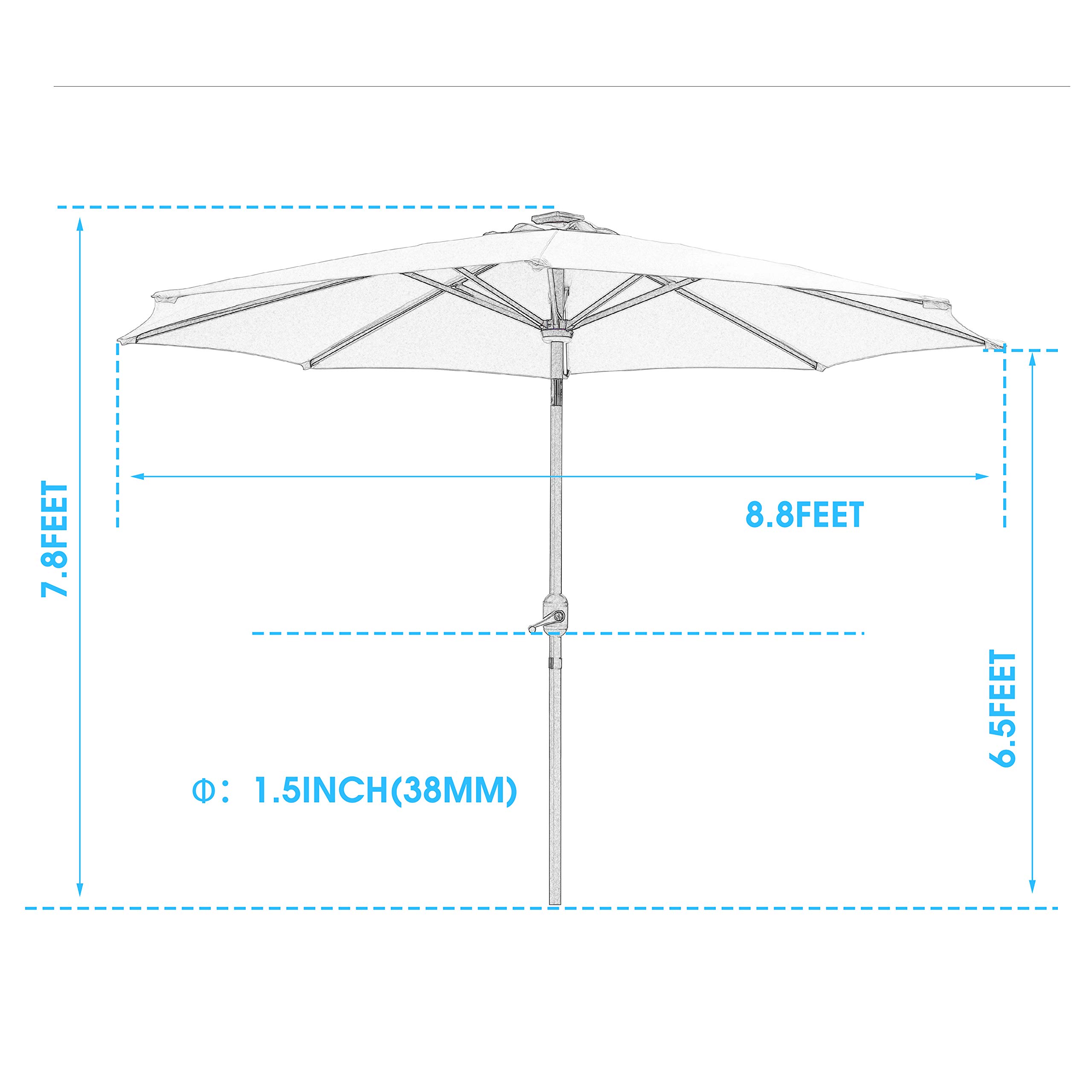 LOKATSE HOME 8.8FT Solar Powered Outdoor Patio Umbrella with 8 LED Lights - Aluminum Ribs, Central Hug Light, Crank & Tilt Mechanism for Garden, Deck, Poolside & Outdoor Dining Areas | Perfect for Backyard, Patio Furniture and Summer Relaxation