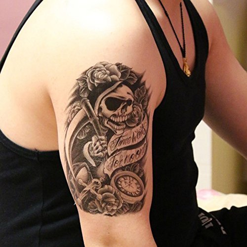 Skull & Rose Waterproof Temporary Tattoo Stickers - 6.03 Inch Large Size for Adults - Perfect for Halloween, Parties, and Costume Events